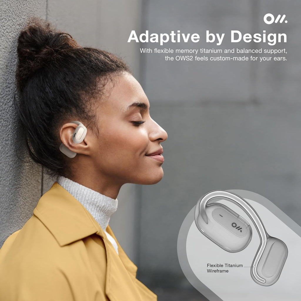 Oladance OWS2 Open Ear Wireless Headphones, Memory Titanium Frame, Virtual Bass 2.0, 16.5mm Drivers, 19H Battery, IPX4 Waterproof, Touch Controls, Bluetooth 5.3, Multi-Point Pairing (White)