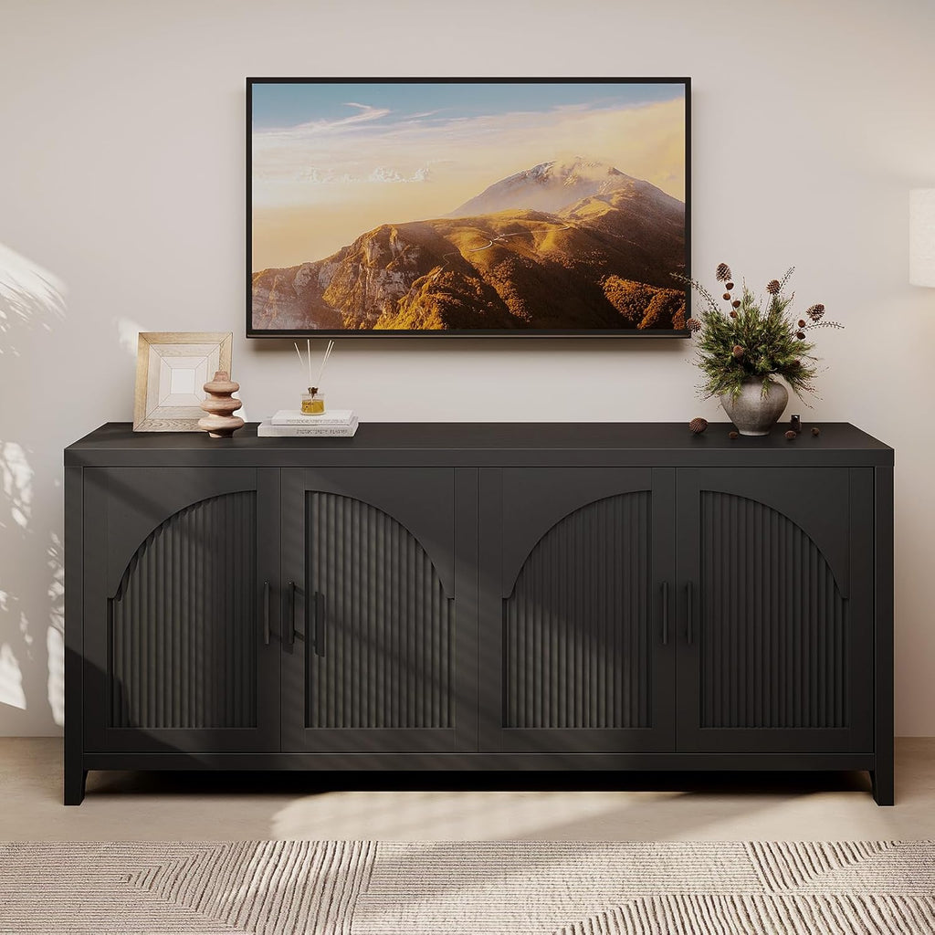 Bestier 70" Sideboard Buffet Cabinet with Storage, Modern Credenza Storage Cabinet, Farmhouse Arch Fluted Doors & Adjustable Shelves,Soild Wood Side Board Long Cabinet for Living Room, Entryway, Black