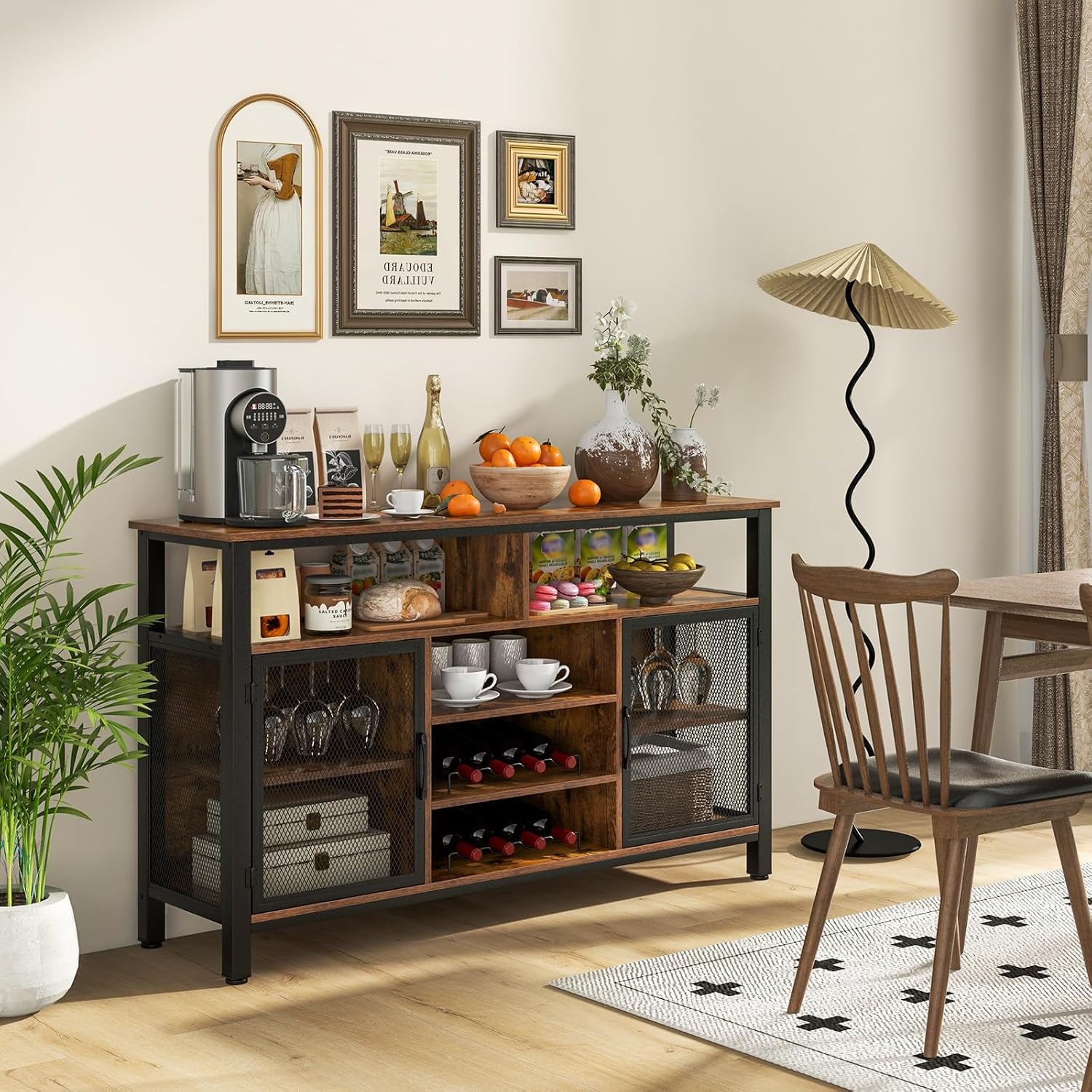 Giantex Coffee Bar Cabinet for Liquor and Glasses, 55' Buffet Sideboard with 8-Bottle Wine Racks, 6 Rows of Wine Glass Holders, Mesh Doors, Bar Cabinet for Kitchen, Dining Room, Living Room (Brown)