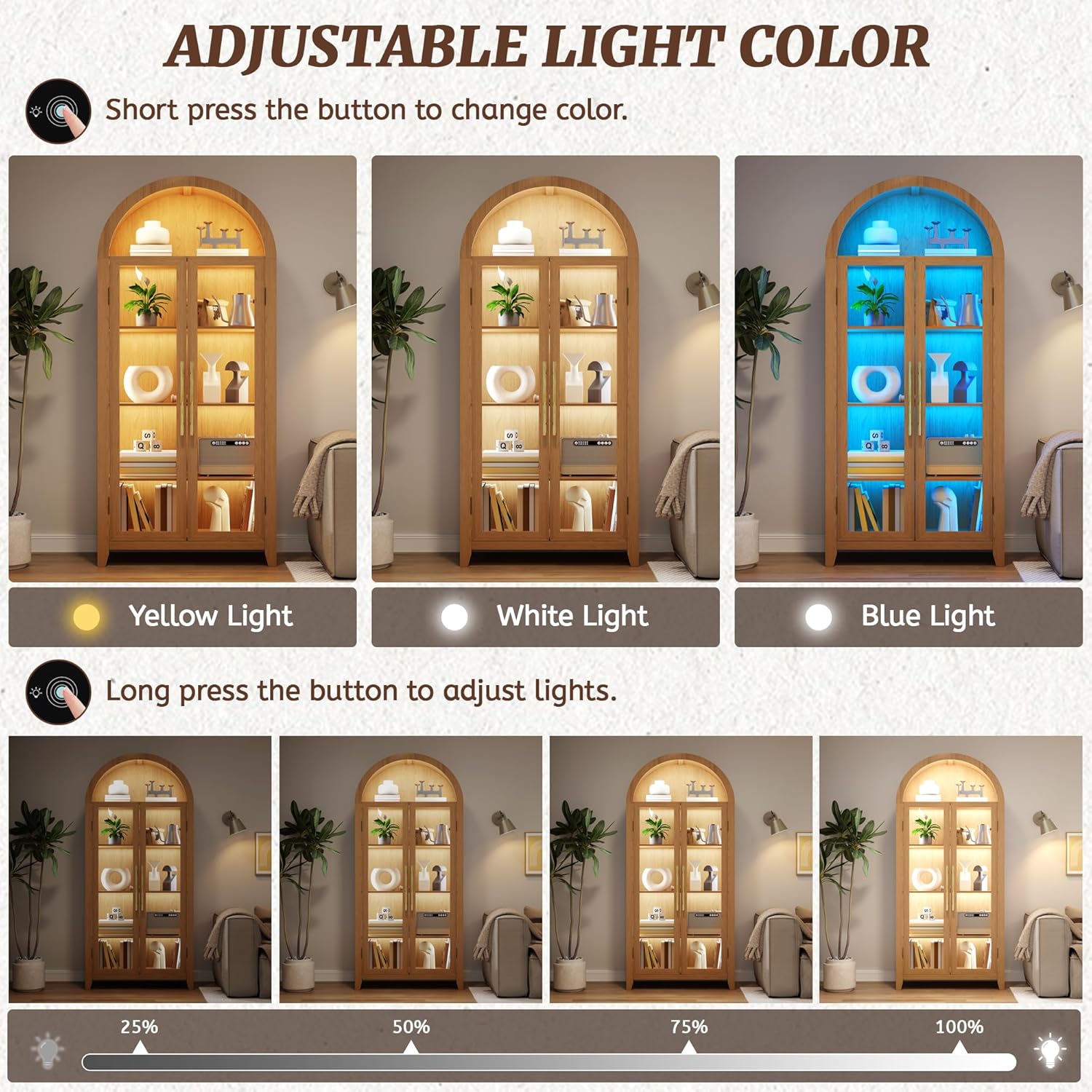 71" Arched Kitchen Pantry Storage Cabinet with Glass Doors, 5-Tier Display Cabinets for Collectibles, Arched Tall Bookcase with LED Light & Human Sensor, Curio Cabinet with Adjustable Shelf