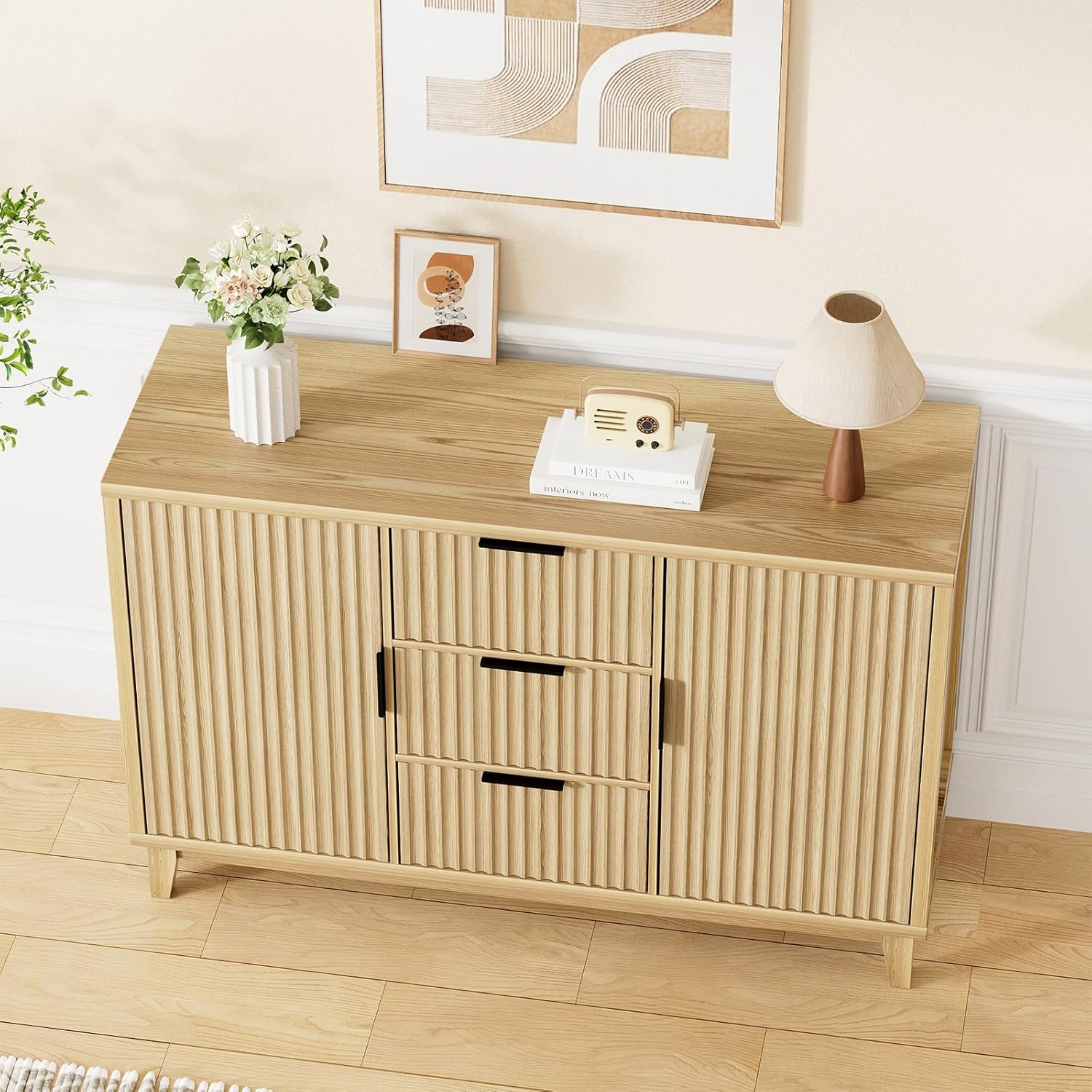47.2" W Storage Cabinet with 3 Drawers, Fluted Buffet Cabinet with Storage, Large Sideboard Cabinet with 2 Doors, Modern Mid Century TV Stand Coffee Bar Cabinet for Living Room, Kitchen, Entryway