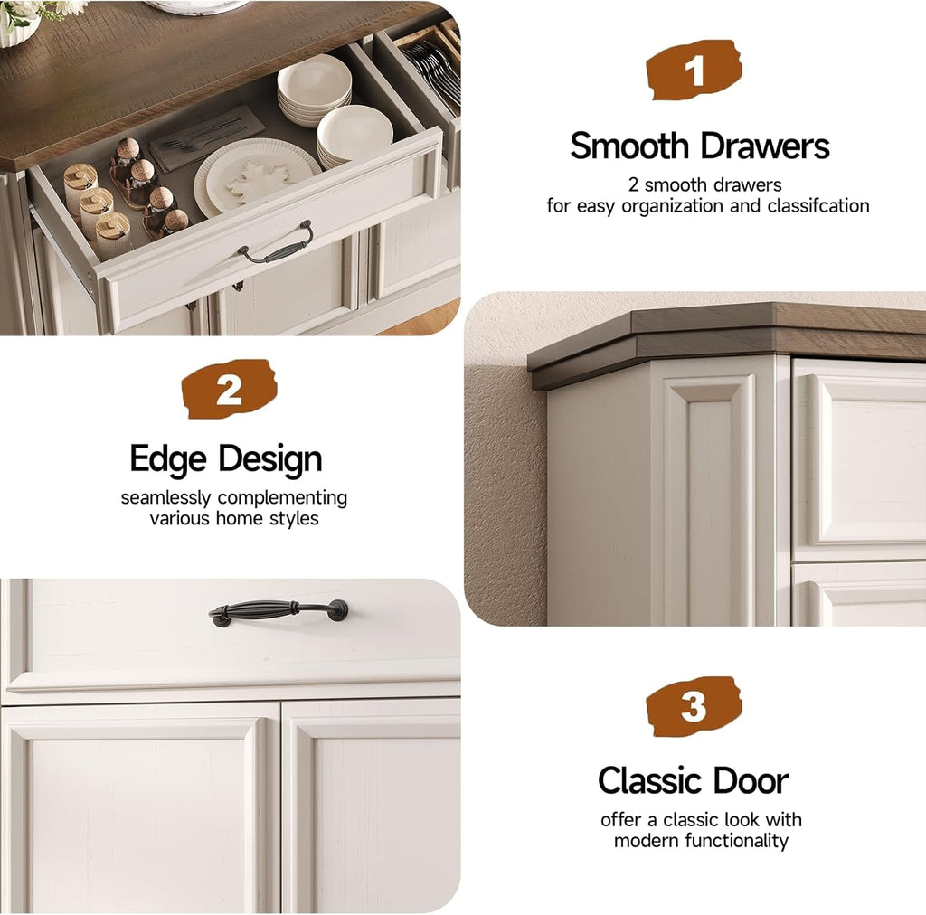 ONBRILL 55" Sideboard Buffet Cabinet with 2 Storage Drawers & 4 Doors, Modern Kitchen Sideboards and Buffets with Adjustable Shelves, Wood Coffee Bar Cabinet for Living Room, Entryway, Off-White