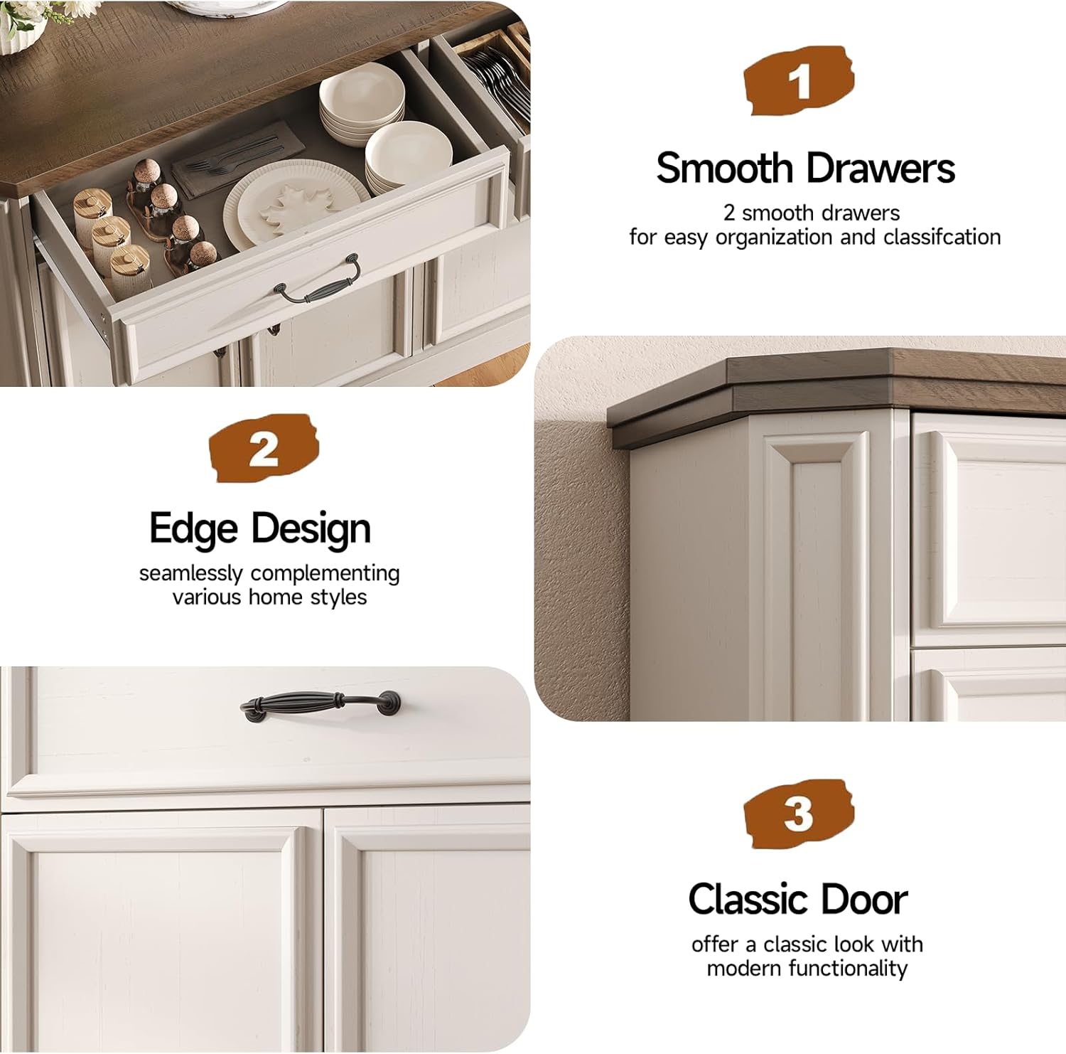 ONBRILL 55" Sideboard Buffet Cabinet with 2 Storage Drawers & 4 Doors, Modern Kitchen Sideboards and Buffets with Adjustable Shelves, Wood Coffee Bar Cabinet for Living Room, Entryway, Off-White