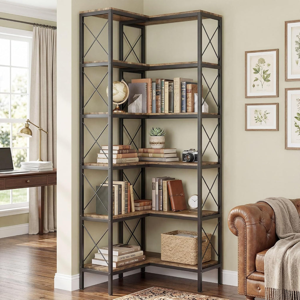 HOMCOM 5-Tier L-Shaped Bookshelf, Corner Bookcase, Modern Freestanding Display Shelf Unit for Home Office, Living Room, Rustic Brown