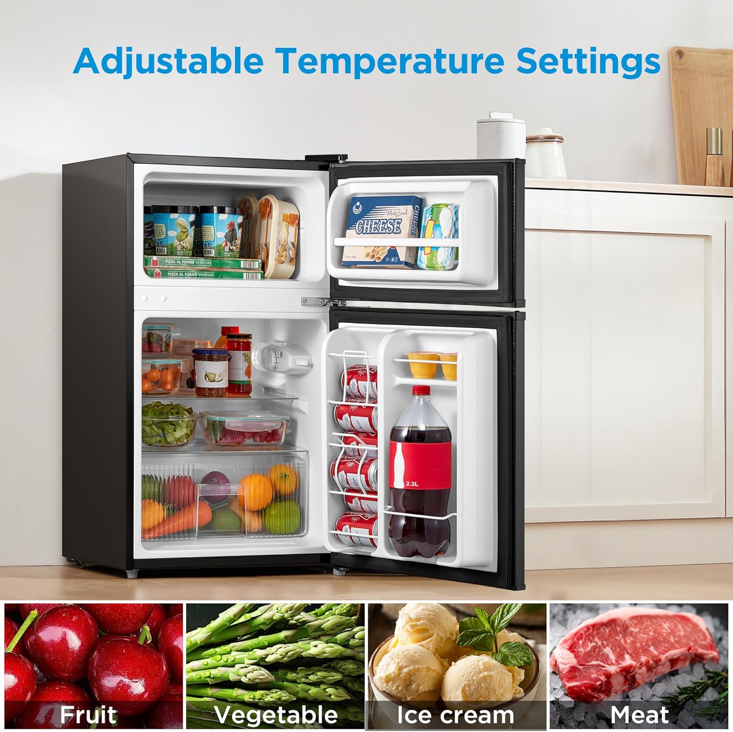 Midea WHD-113FB1 Double Door Mini Fridge with Freezer for Bedroom Office or Dorm with Adjustable Remove Glass Shelves Compact Refrigerator, 3.1 cu ft, Black