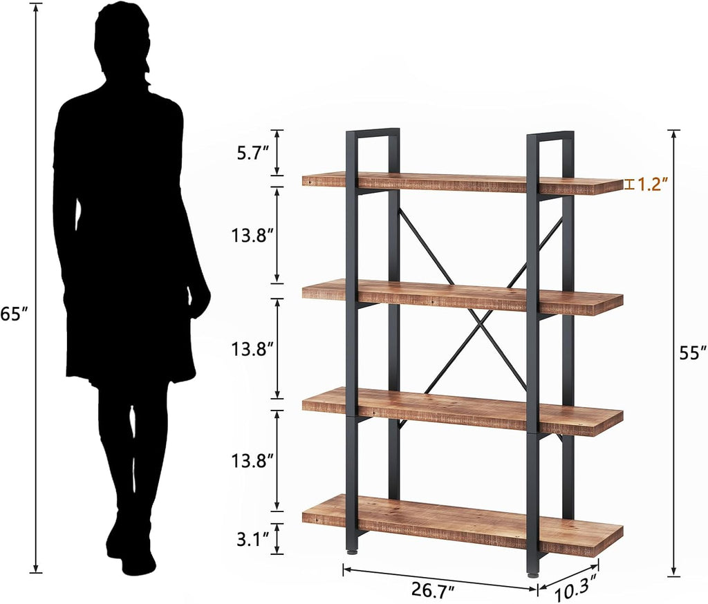HSH Industrial 4 Tier Solid Wood Bookcase, Real Natural 4 Shelf Rustic Wooden and Metal Bookshelf, Farmhouse Open Vintage Etagere Book Shelf for Office Living Room Bedroom Storage, Distressed Brown