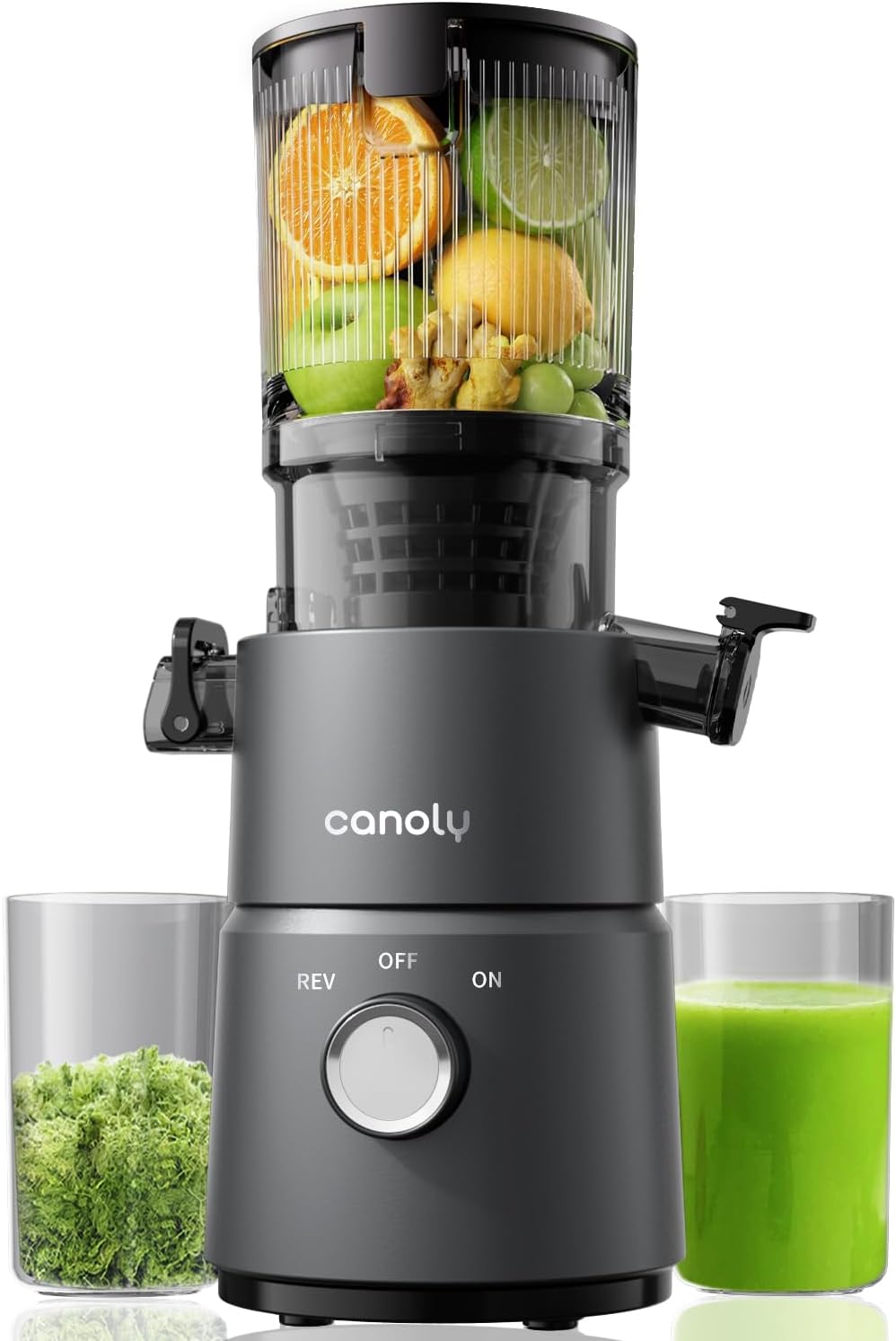 Canoly C03 Cold Press Juicer, 4.5" Wide Feed Chute Masticating Juicer Machine for Whole Fruits and Vegetables, 200W Powerful Quiet Motor, 2-in-1 Strainer (Juice & Nut Milk), Space-Saving (Matte Black)