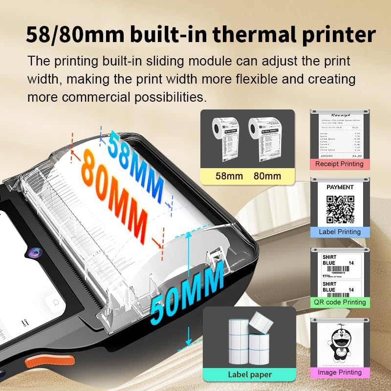POS PDA Receipt/Label Printer,Symcode Android 14 Handheld POS Printer 3GB+32GB with 2D Barcode Scanner with NFC Reader,Wifi/Gps/BT/5G Full Network Connection 6.5" Touchscreen 80mm/58mm Label Printing