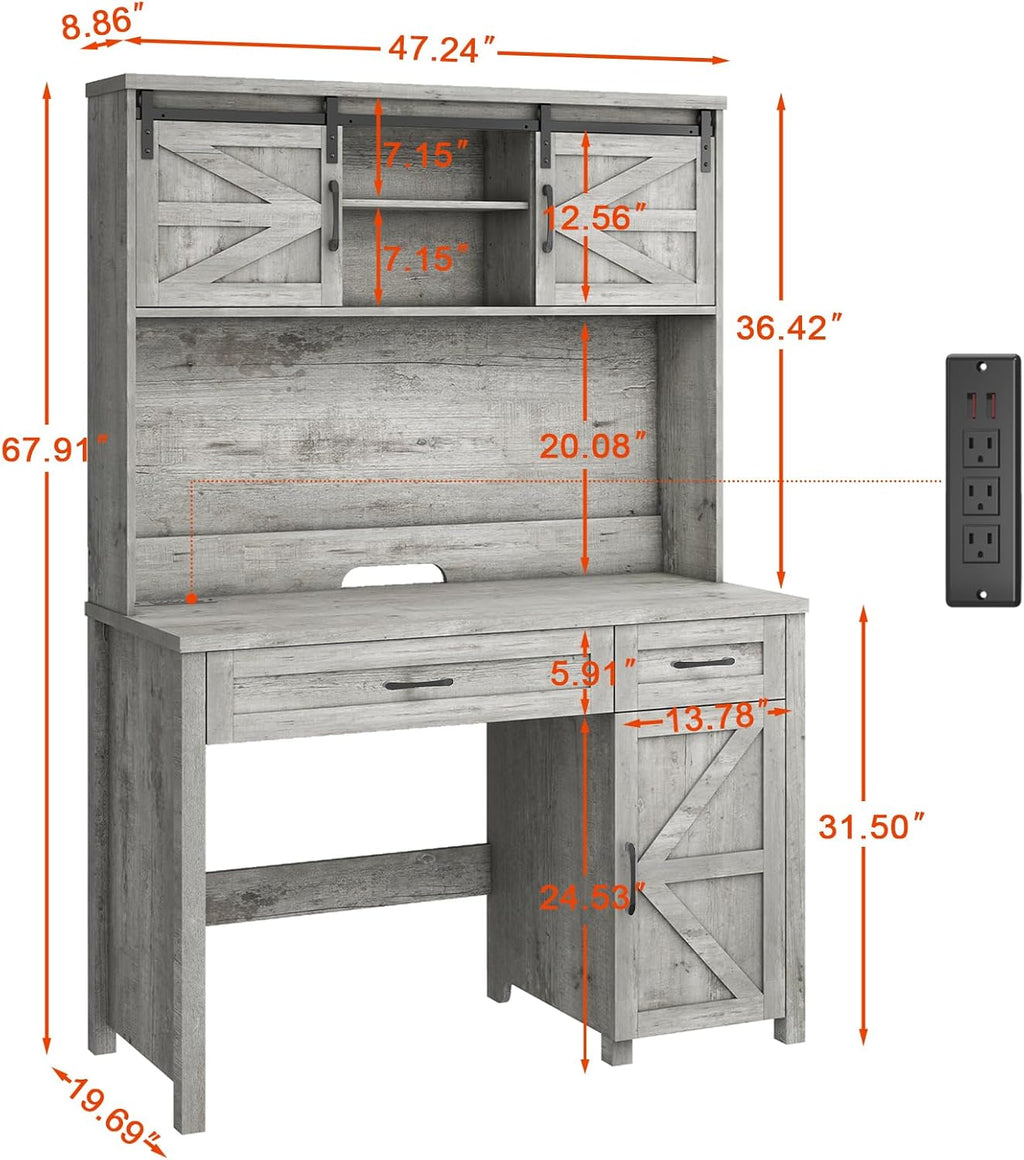Vabches Farmhouse 47" Executive Desk, Computer Desk with 2 Drawers, LED Light and Storage Cabinet, Home Office Desk with Hutch, Charging Hub, Workstation for Home Office and Study, (Grey).