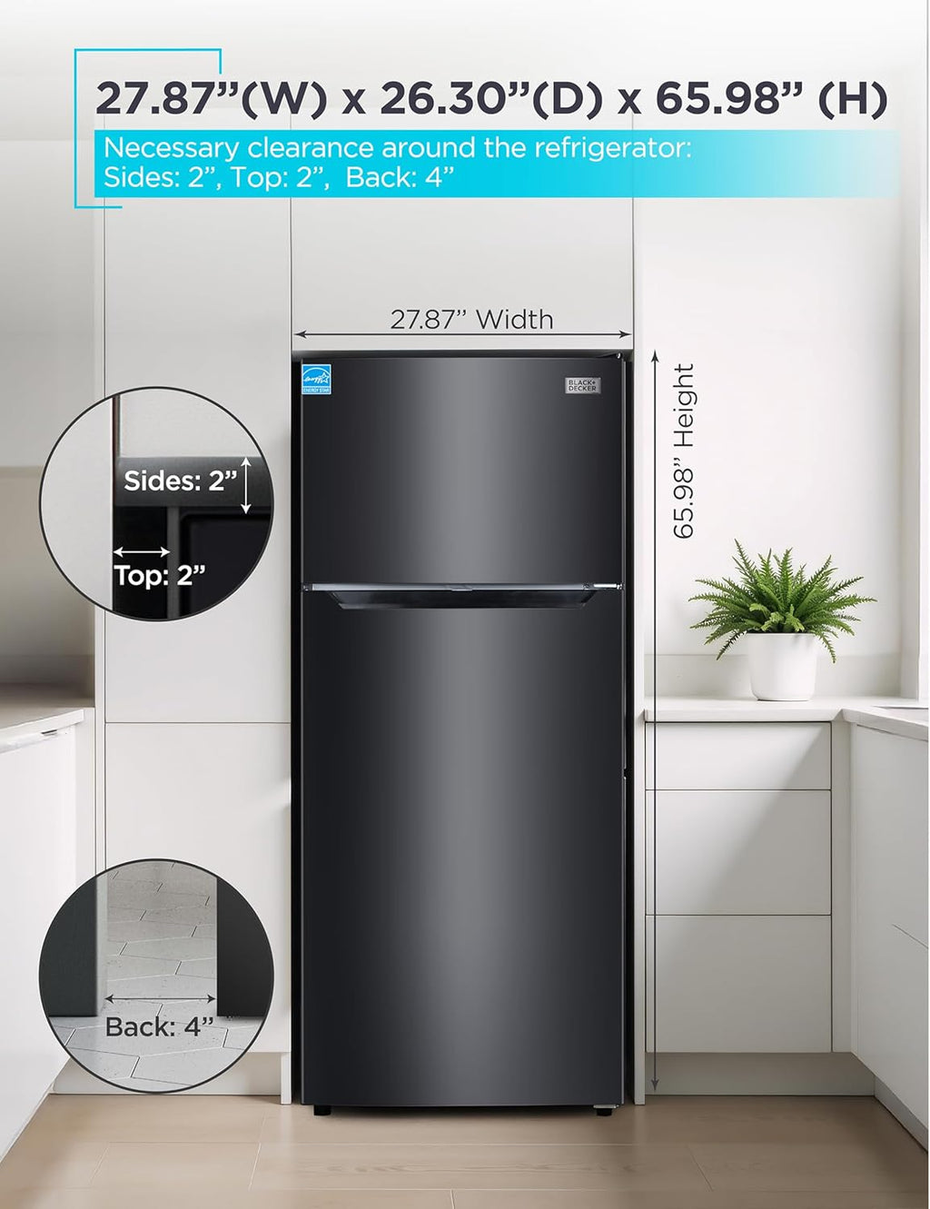 BLACK+DECKER 14.6 Cu. Ft. Top Mount Refrigerator with Freezer, 2 Door Refrigerator with Top Freezer and Adjustable Temperature Control, ENERGY STAR, BR1460HB, Black
