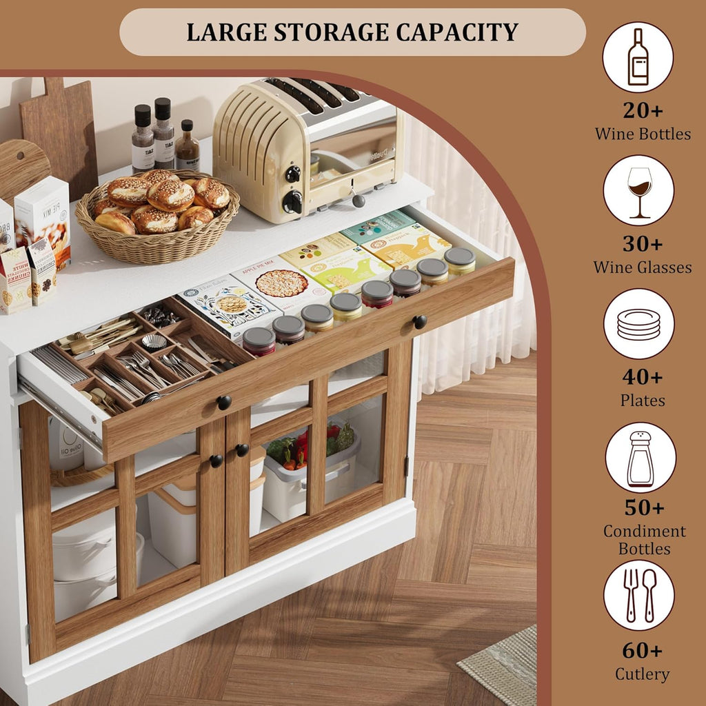 GarveeHome 35.4 in Sideboard Buffet Cabinets with Glass Door, Buffet Cabinet with Storage, White&Brown Sideboard Cabinet with Drawer, Modern Buffets & Sideboards for Dining Room, Kitchen