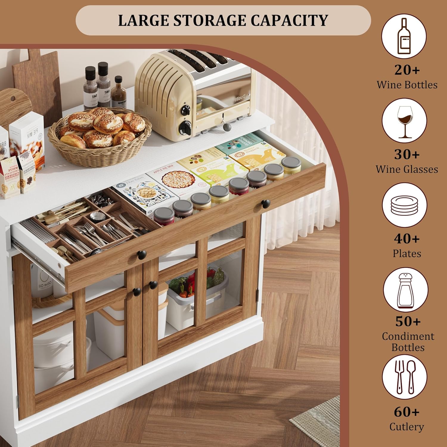 GarveeHome 35.4 in Sideboard Buffet Cabinets with Glass Door, Buffet Cabinet with Storage, White&Brown Sideboard Cabinet with Drawer, Modern Buffets & Sideboards for Dining Room, Kitchen