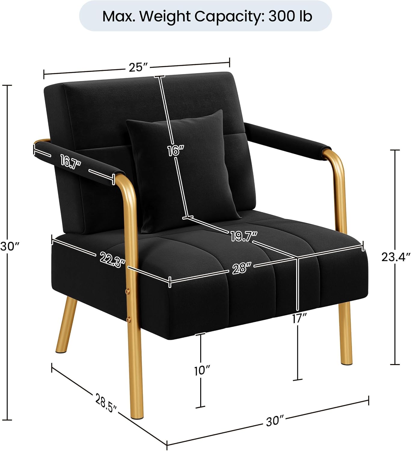 Yaheetech 30" W Accent Chair Velvet Oversized Armchair Living Room Chair with Golden Frame & Cozy Pillow for Living Room, Bedroom, Office Black