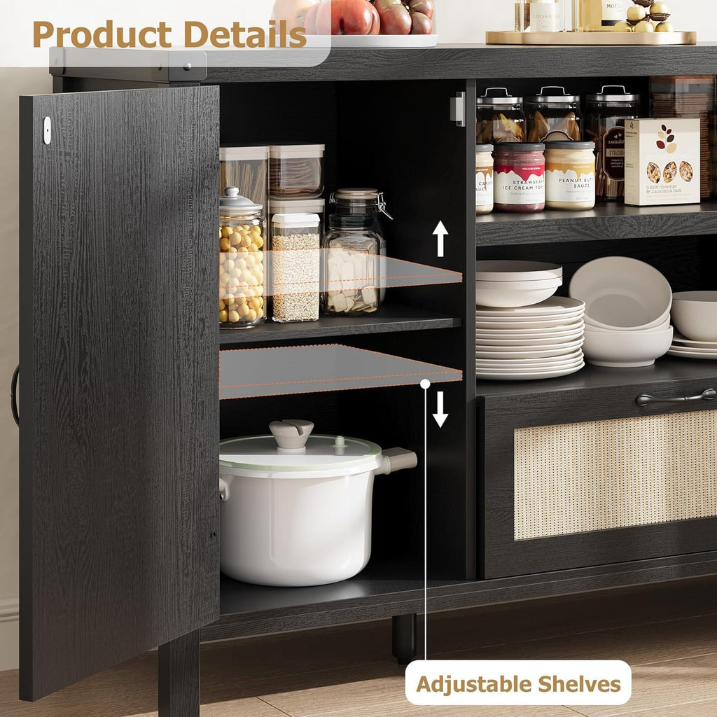 IDEALHOUSE 47.2" Buffet Cabinet with Storage, Farmhouse Kitchen Sideboard with Drawer, Rattan Coffee Bar Cabinet for Living Room, Kitchen, Entryway, Black