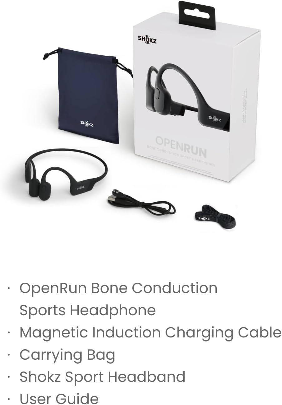 SHOKZ OpenRun Bone Conduction Open-Ear Bluetooth Sport Headphones, Running Workout Bundle with Waterproof Carrying Case & Sweat Headband, IP67 Sweat Resistant, 8H Playtime, Mic, Black