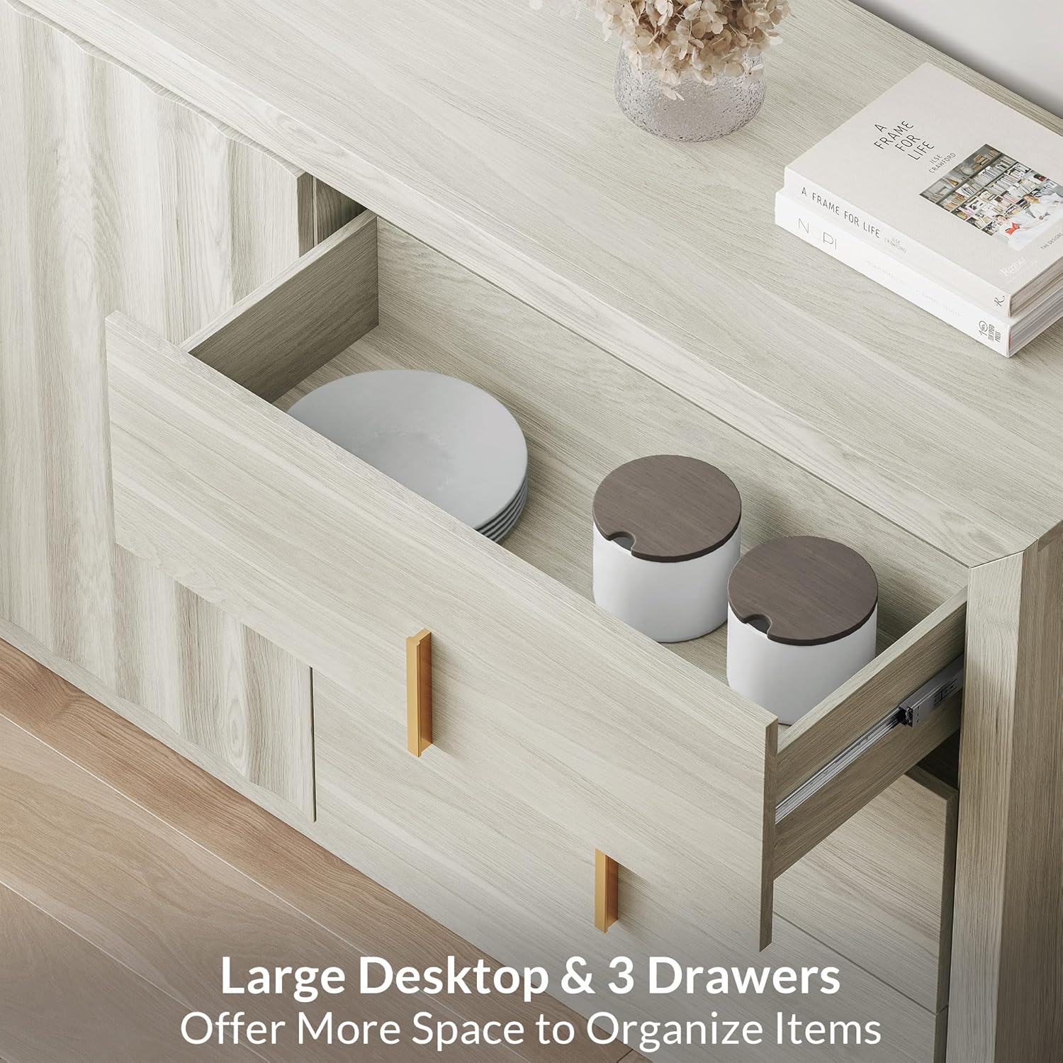 BELLEZE 64” Sideboard Buffet Cabinet, Modern Fluted Door Console Table with 3 Drawers and Adjustable Shelves, Accent Storage Cabinet for Entryway, Living Room & Dining Room - White Sand