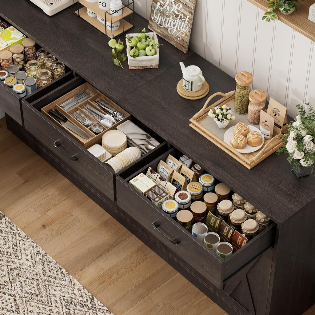 HOSTACK 71" Large Sideboard Buffet Cabinet with Storage, Farmhouse Coffee Bar Cabinet with 3 Drawers, Long Kitchen Buffet Table, Kitchen Sideboard Storage Cabinet for Dining, Living Room, Dark Brown