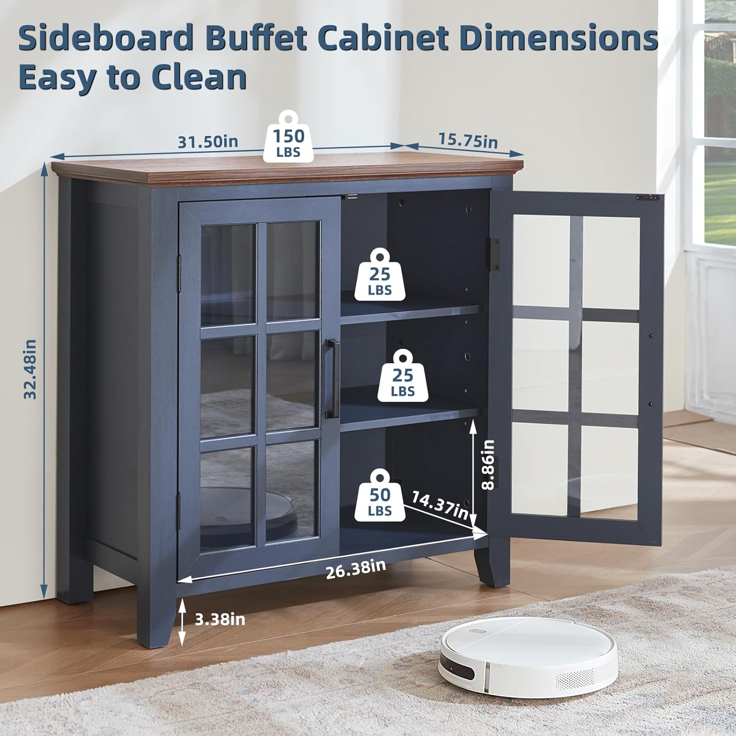 Joaxswe Large Sideboard Buffet Cabinet with Storage, 32" Farmhouse Navy Blue Kitchen Coffee Wine Bar Cabinet with 2 Glass Doors, Wood Mid Century Modern Side Board Table for Dining Room, Living Room