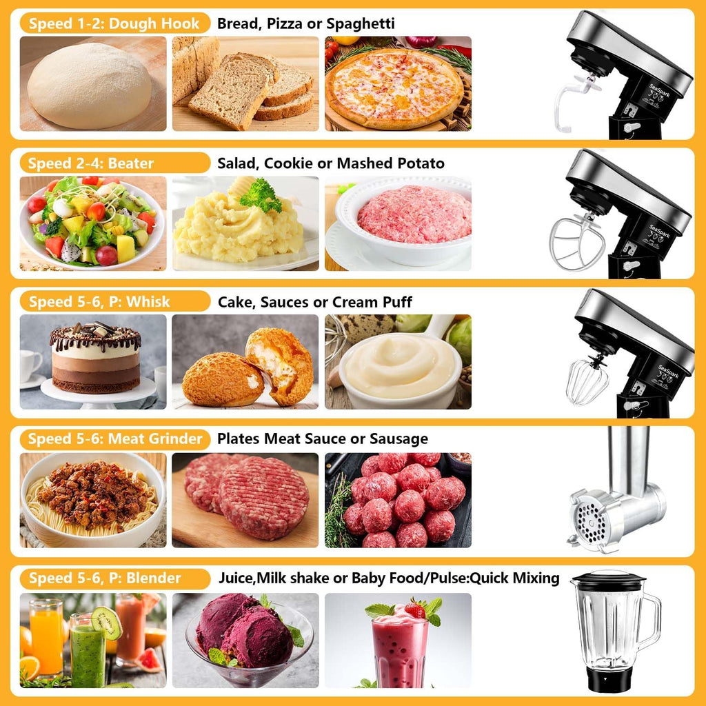 Multifunctional Stand Mixer, 6 in 1 Stand Mixer, 6.3Qt Tilt-head, Standing Mixer with Stainless Steel Bowl, Meat Grinder, Juice Blender, for professional Baking and Most Home Cooks, Black