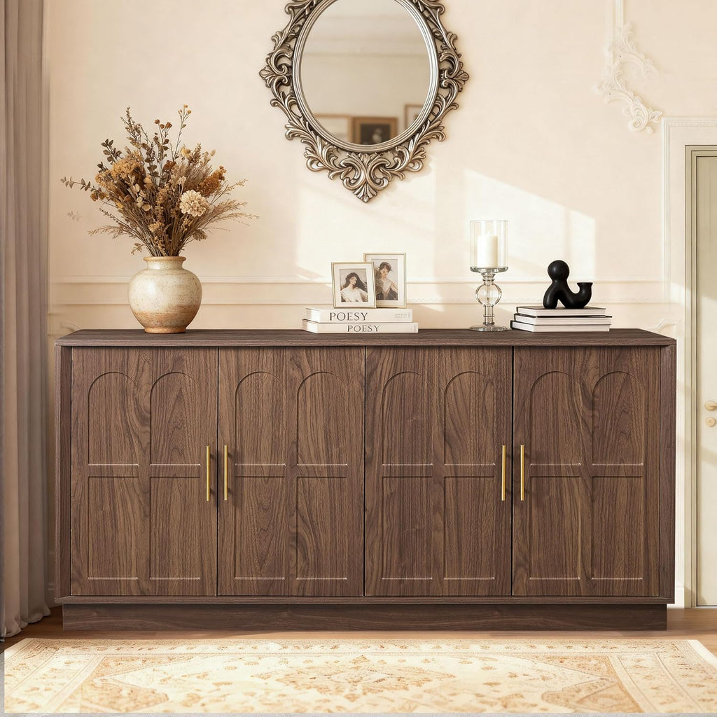 66.5" Sideboard Buffet Cabinet with Storage, Modern Credenza with Arched Doors, Large Wood Accent Cabinet for Living Room Entryway (Walnut)