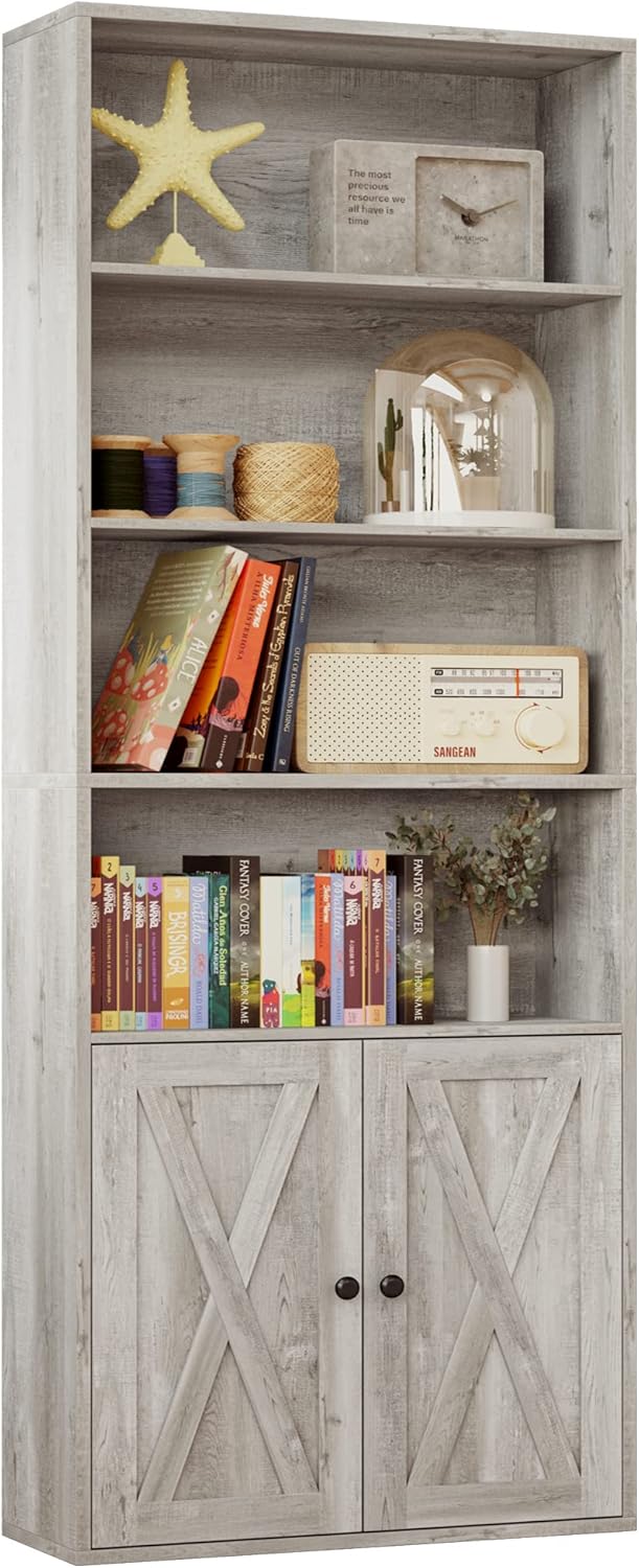 IRONCK Industrial Bookshelves and Bookcases with Doors Floor Standing 6 Shelf Display Storage Shelves 70 in Tall Bookcase for Home Office, Living Room