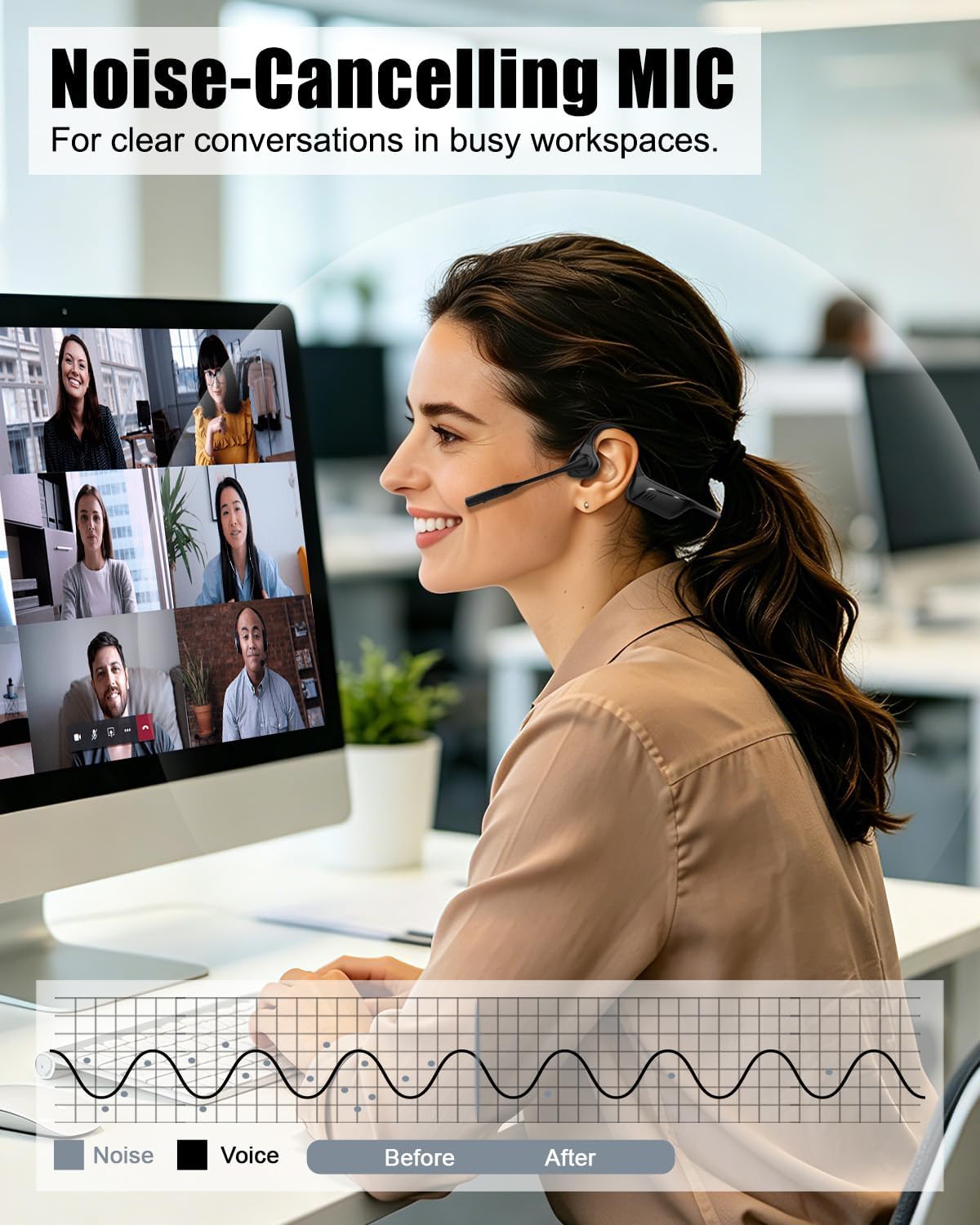 Open Ear Headphones with Mic, Bluetooth 5.1 Headset, USB A&C Dongle, Lightweight Design, ENC Noise Canceling, Mute Button, AptX-LL Wireless Headset for Online Teaching/Meeting/Call Center/Gaming