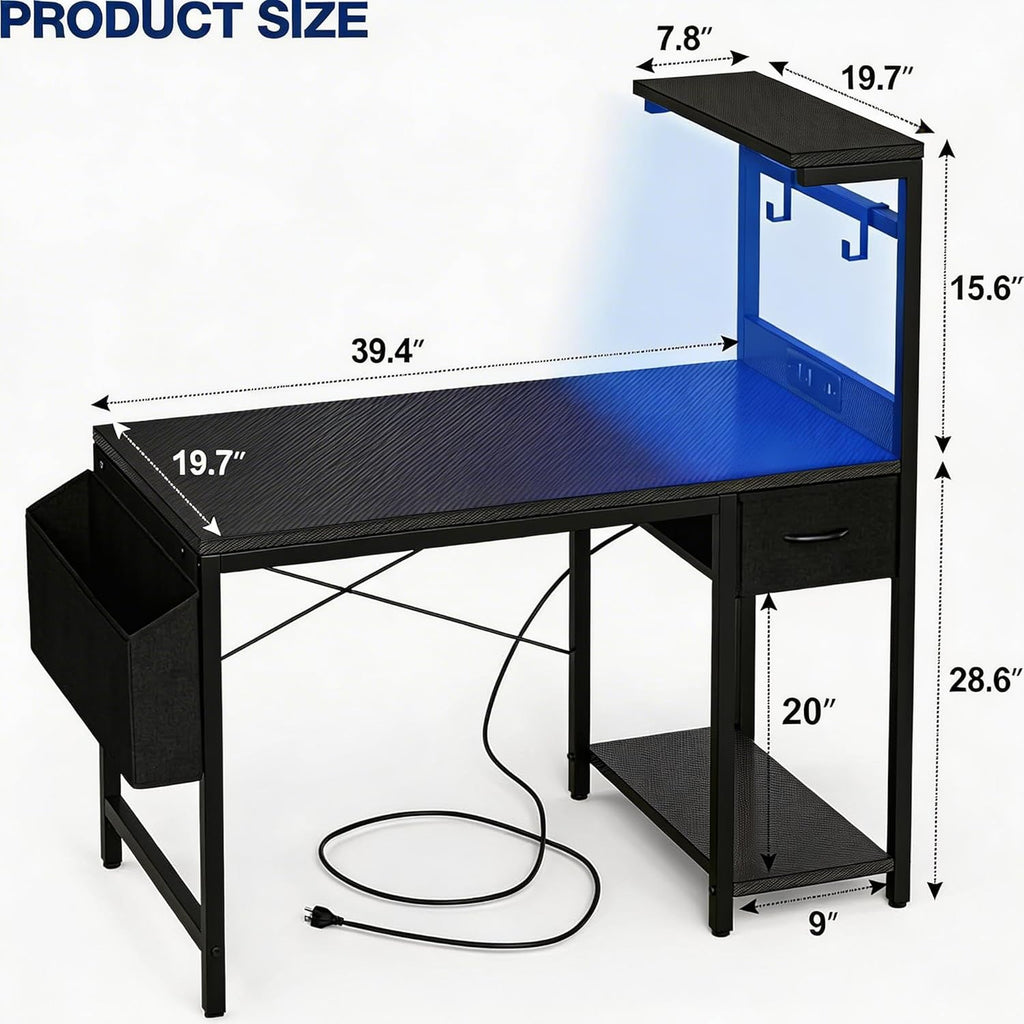 Grandder Gaming Desk 40 Inch with Power Outlet and LED Light, Computer Desk with Reversible Shelves and Storage Drawer, Pc Small Desk for Home Office Table with Bag, Carbon Fiber Black