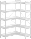 Rolanstar Bookshelf 5 Tier with 4 Hooks, Reversible Corner Bookshelf, 65" Industrial Wooden Bookcase with Open Shelves and Metal Frame for Living Room, Bedroom, Home Office, White