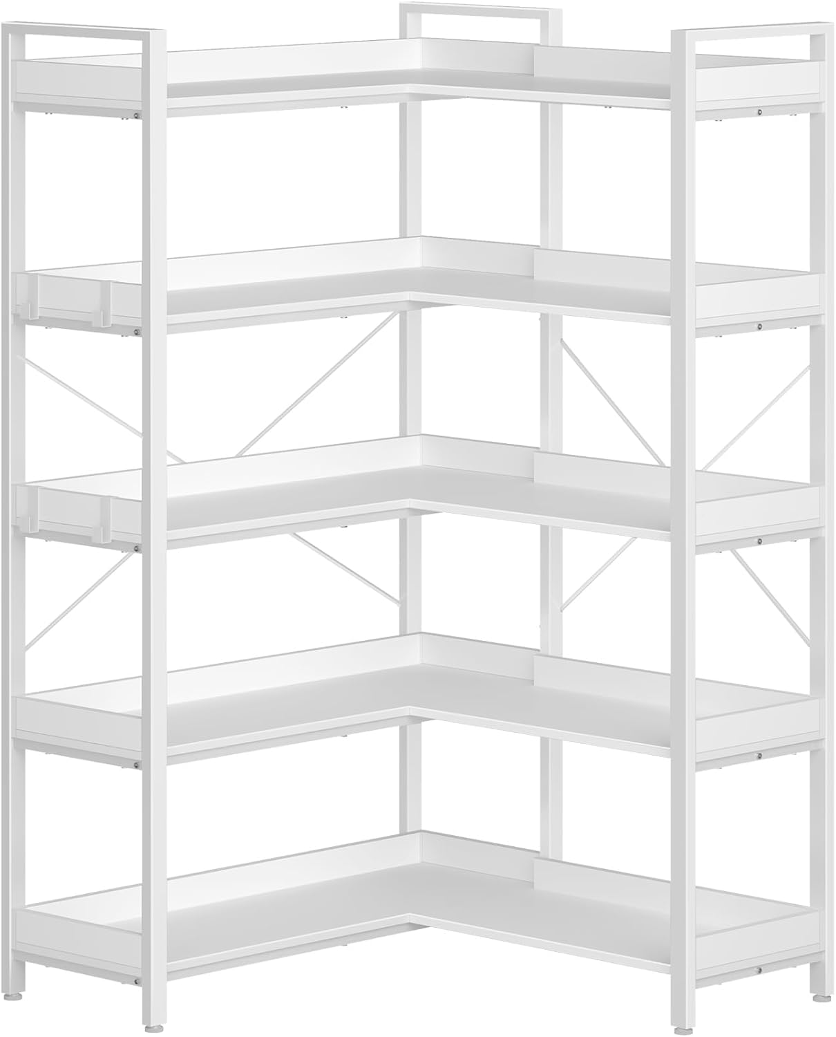 Rolanstar Bookshelf 5 Tier with 4 Hooks, Reversible Corner Bookshelf, 65" Industrial Wooden Bookcase with Open Shelves and Metal Frame for Living Room, Bedroom, Home Office, White