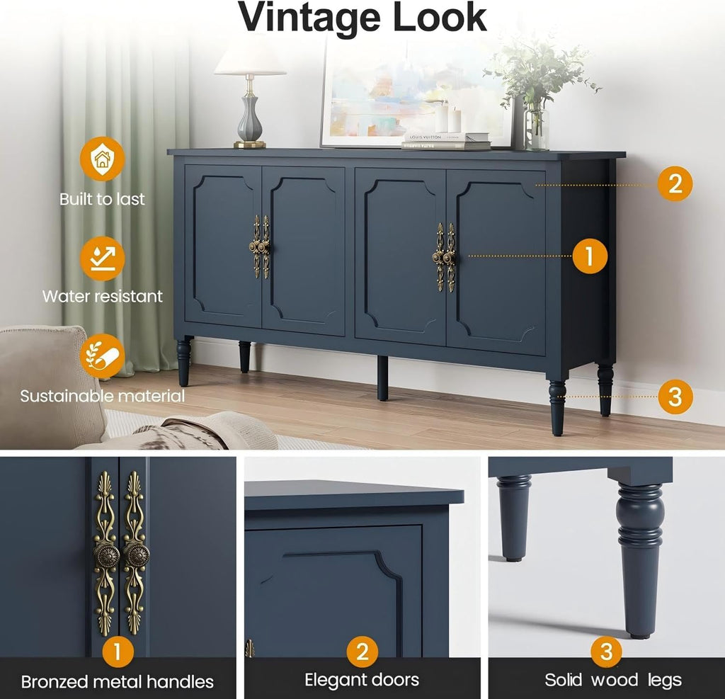 RoyalCraft Buffet Cabinet with Storage, Vintage Sideboard with Adjustable Shelves, Mid Century Modern Painted Credenza Coffee Bar for Kitchen, Dining Room, Entryway, Blue, 58.9" W x 16.5" D x 31.8" H