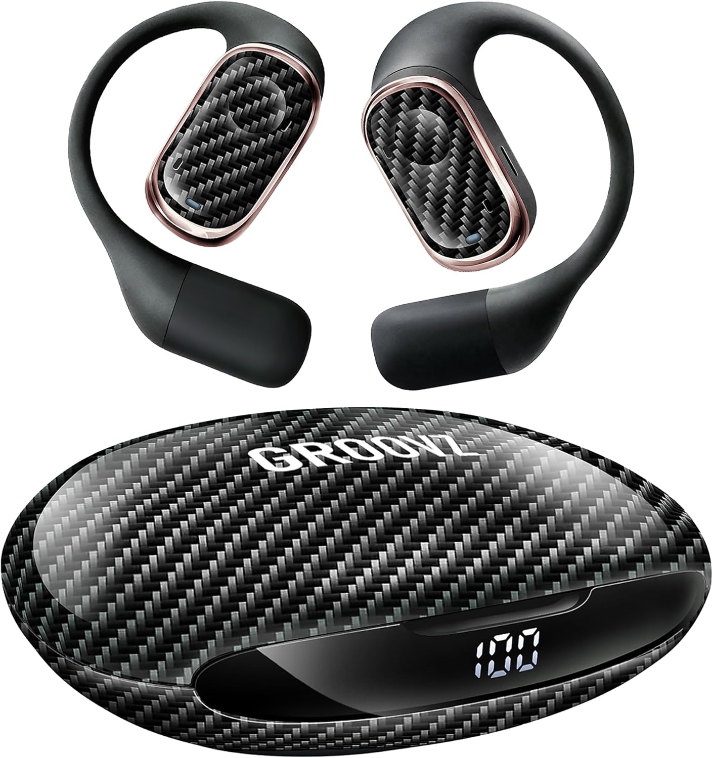 Groovz Open-Ear Plus True Wireless Headphones with Battery Display - Designed & Engineered in the USA - Multi-Point Pairing Bluetooth Open Ear Earbuds Compatible with Apple & Android - Carbon Fiber