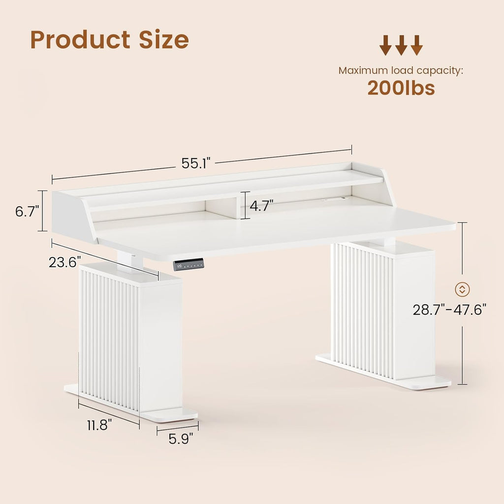 SEDETA Standing Desk with Storage, 55" Fluted Stand Up Desk with Power Outlets & LED Lights, Height Adjustable Table with Monitor Shelf for Home Office, Gaming, White