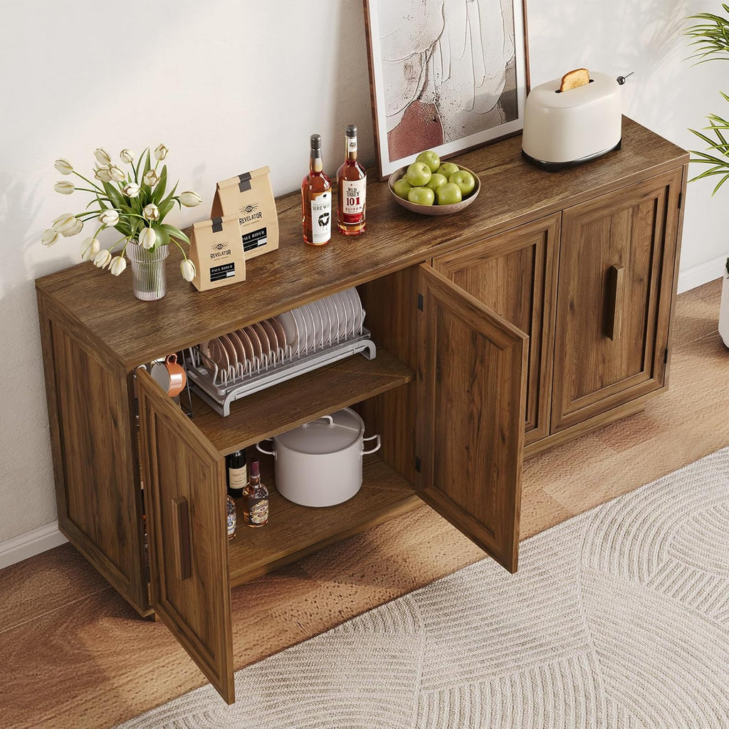 ONBRILL 63 Inch Sideboard Buffet Cabinet with Storage, Large Coffee Bar Cabinet with 4 Doors, Adjustable Shelves, Credenza Storage Cabinets for Kitchen, Living Room, Entryway, Antique Brown
