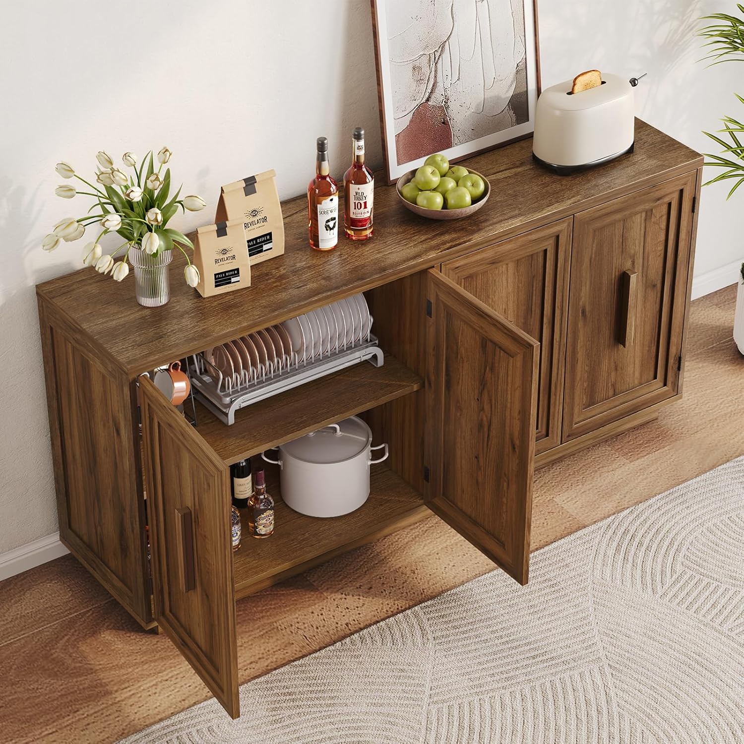 ONBRILL 63 Inch Sideboard Buffet Cabinet with Storage, Large Coffee Bar Cabinet with 4 Doors, Adjustable Shelves, Credenza Storage Cabinets for Kitchen, Living Room, Entryway, Antique Brown