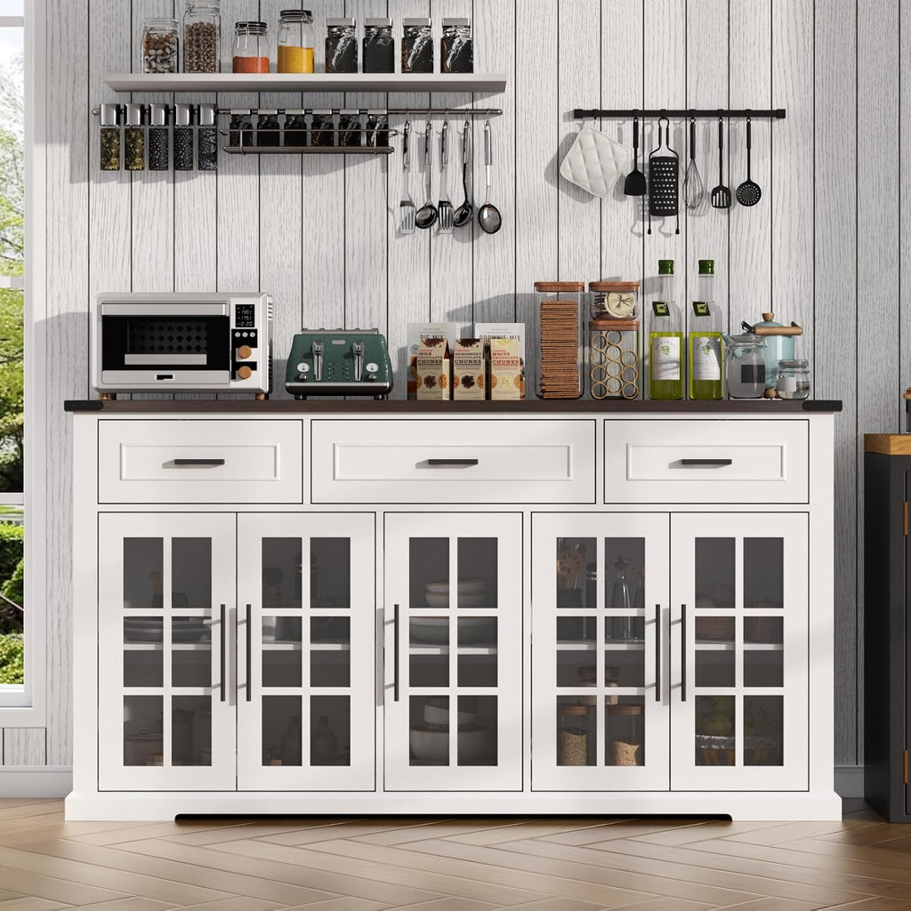 Gyfimoie 63" Sideboard Buffet Cabinet with Glass Doors, Farmhouse Large Buffet Table with 3 Storage Drawers, Modern Coffee Bar Wine Bar Cabinet with Adjustable Shelves for Kitchen, Dining Room, White