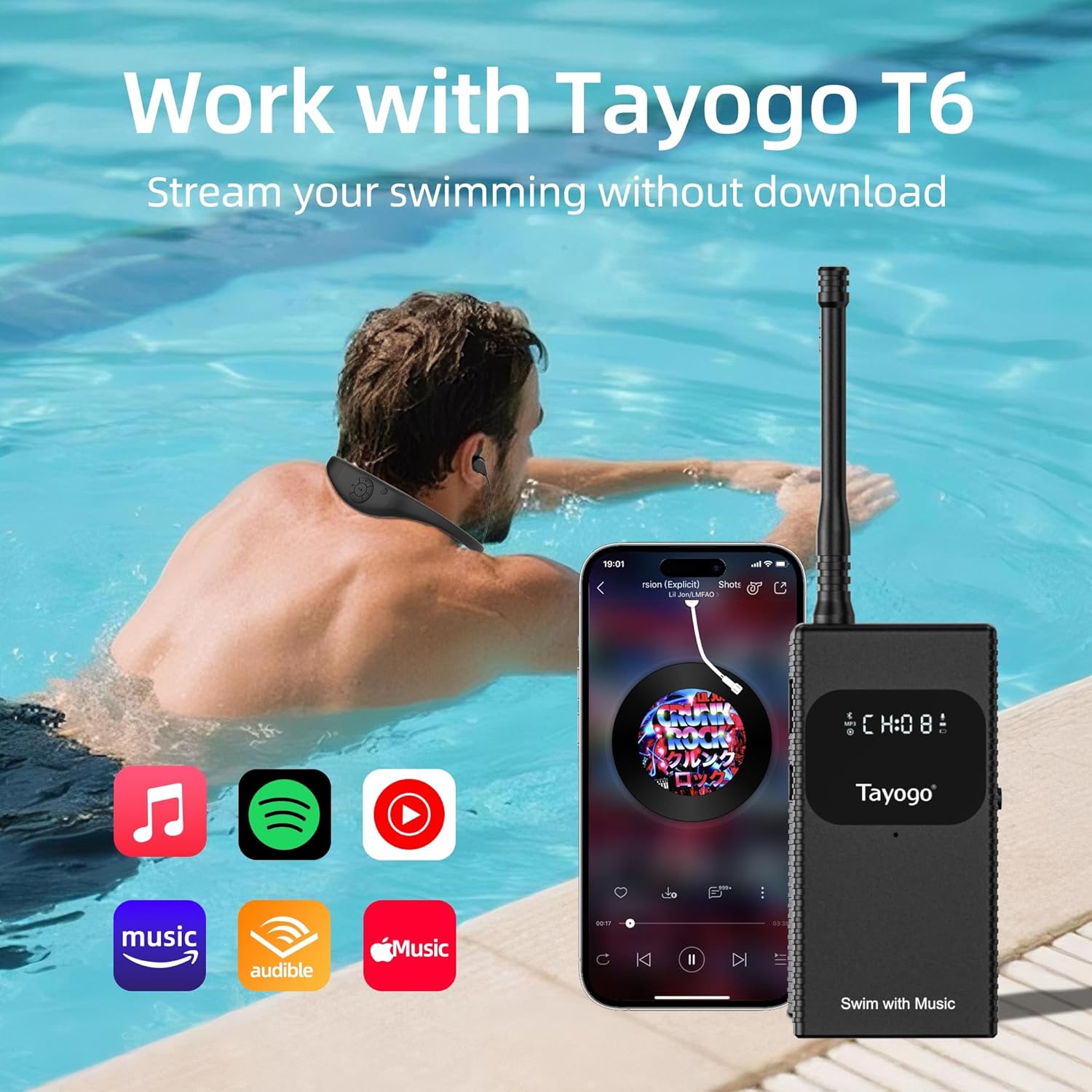 Tayogo T6+W18 Swim Music Combo – Waterproof Swimming MP3 Player + Bluetooth Transmitter | No Need to Download Music, Support Spotify, Swim with Your Stream APP