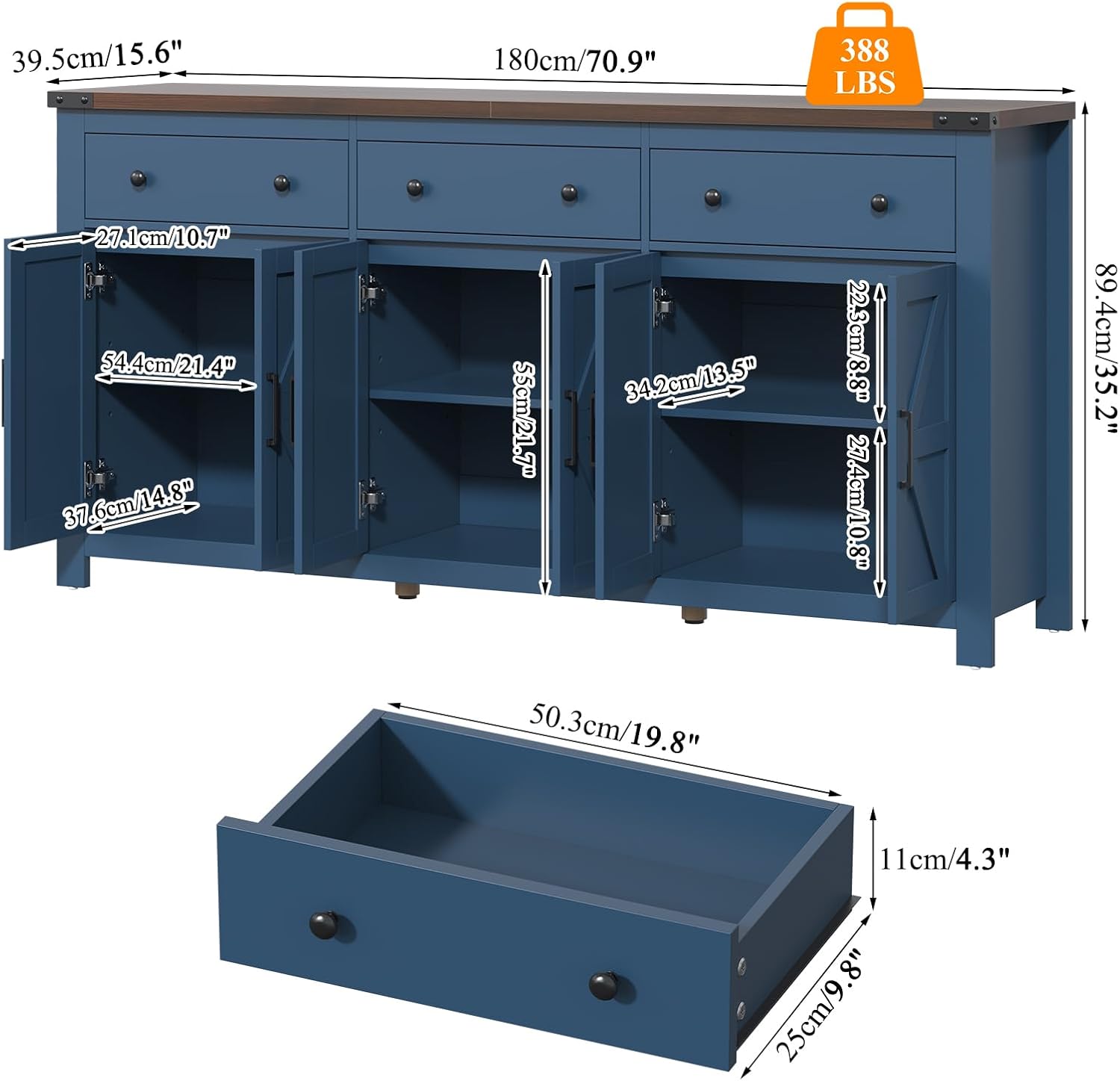 VVFLU 71" Large Sideboard Buffet Cabinet with Storage, Modern Farmhouse Coffee Bar with 3 Drawers and 6 Barn Doors, Dining Room Storage Cabinet, for Kitchen, Living Room, White Wood, Blue Wood
