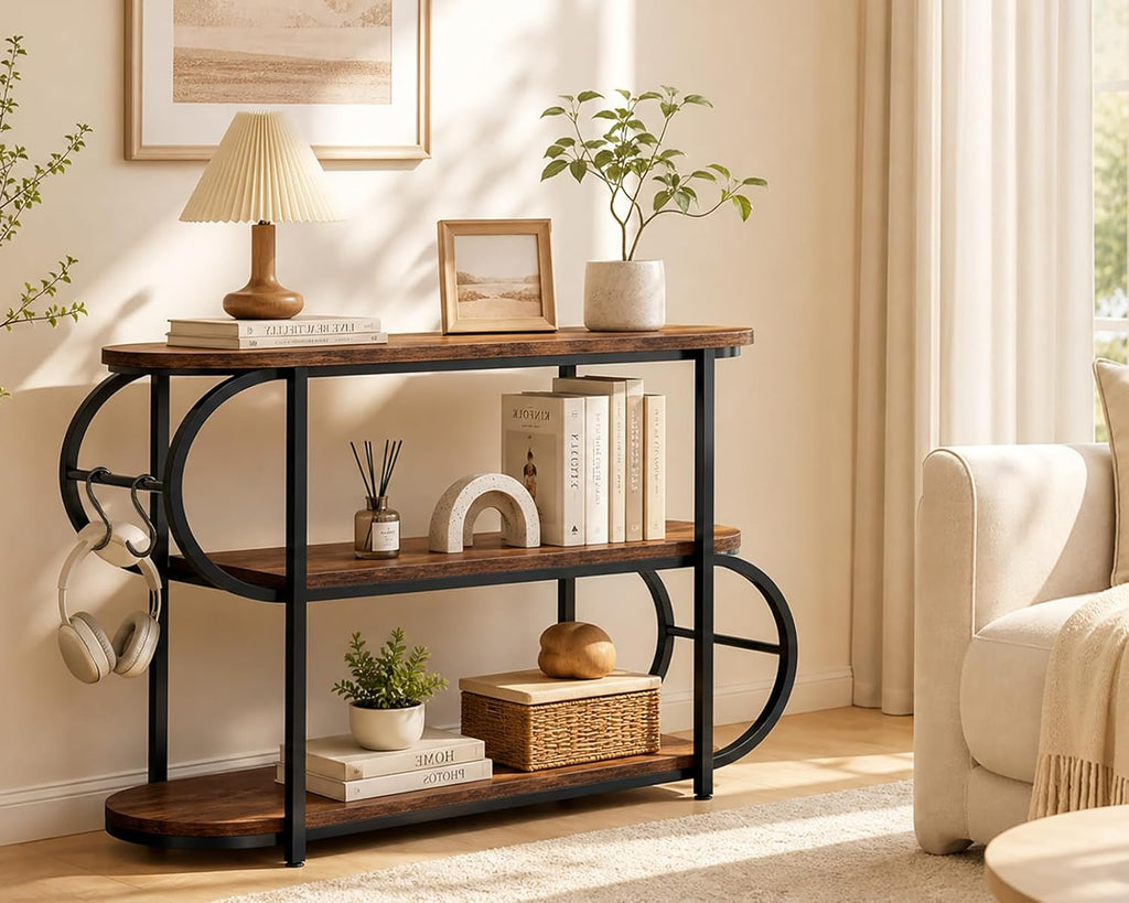 IBF 3 Tier Bookshelf with LED Light & Hooks, Farmhouse Low Horizontal Open Book Shelf, 39" Industrial Wood and Metal Bookcase, Oval Storage Display Shelf for Bedroom, Living Room, Office, Rustic Brown