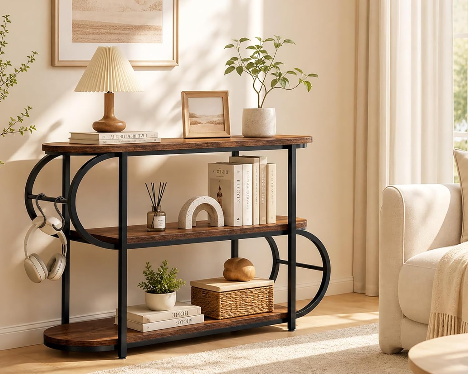 IBF 3 Tier Bookshelf with LED Light & Hooks, Farmhouse Low Horizontal Open Book Shelf, 39" Industrial Wood and Metal Bookcase, Oval Storage Display Shelf for Bedroom, Living Room, Office, Rustic Brown