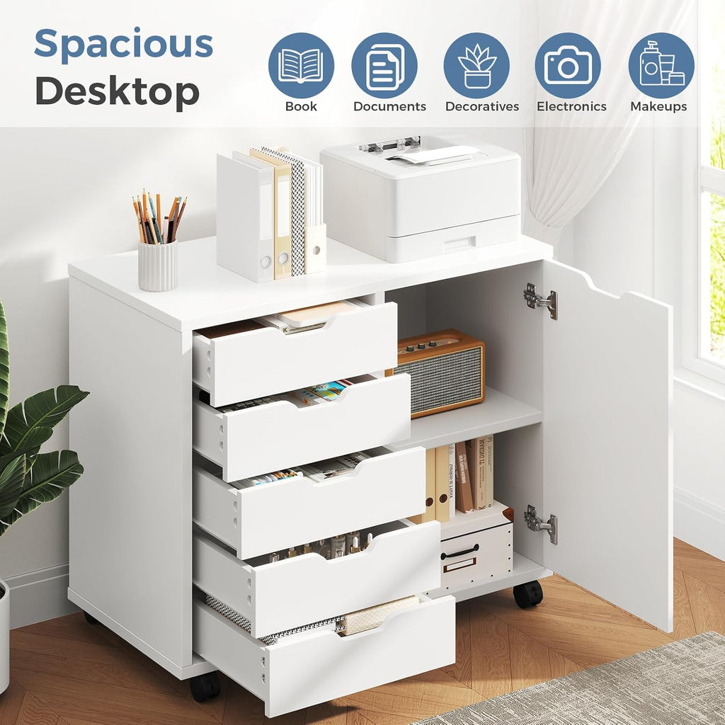 DUMOS 5 Drawer File Cabinet Office Drawers Organizer with Wheels Roliing, Under Desk Cabinets with Shelves and Door Printer Stand with Wood Board Metal Frame for Home Office Storage Craft Room, White
