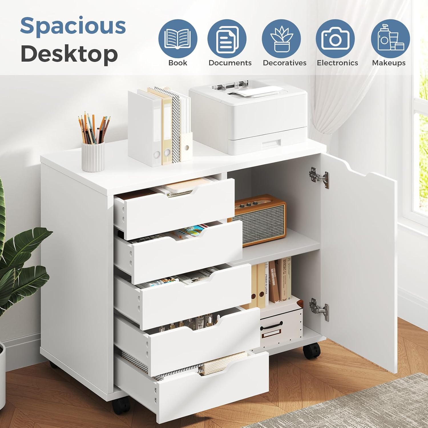 DUMOS 5 Drawer File Cabinet Office Drawers Organizer with Wheels Roliing, Under Desk Cabinets with Shelves and Door Printer Stand with Wood Board Metal Frame for Home Office Storage Craft Room, White