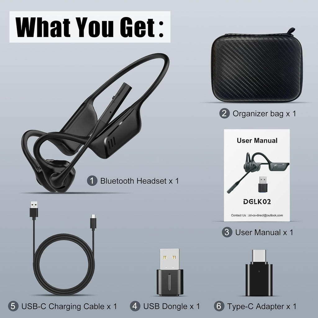 Open Ear Headphones with Mic, Bluetooth 5.1 Headset, USB A&C Dongle, Lightweight Design, ENC Noise Canceling, Mute Button, AptX-LL Wireless Headset for Online Teaching/Meeting/Call Center/Gaming