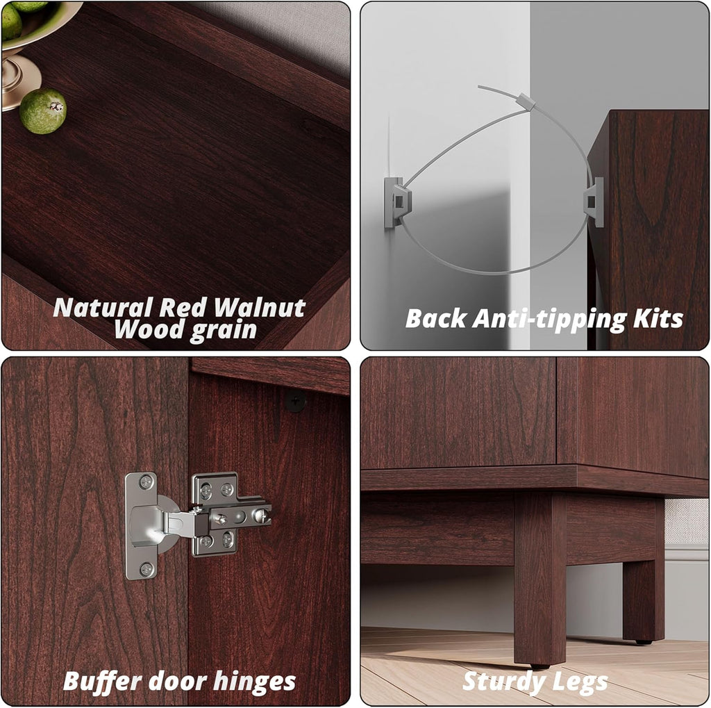 IRONCK 63" Storage Cabinet, Buffet Cabinet with Grille Doors and 2 Adjustable Shelves, Mid Century Sideboard for Kitchen, Dining Room, Entryway（Natural Red Walnut）