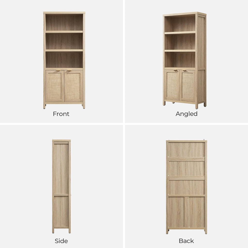 SICOTAS Bookcase 71" Tall Bookshelf 5 Tier Rattan Boho Bookcase with Doors Storage Large Book Case Shelf Farmhouse Bookshelves Library Book Shelves for Living Room Bedroom Home Office Kitchen