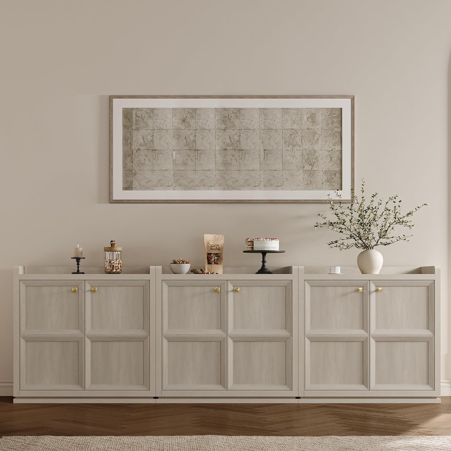 SICOTAS Buffet Cabinet with Storage 101" Sideboard Accent Storage Cabinet for Bedroom Dining Room Living Room Entryway with Doors & Shelves Modern Buffet Table with Golden Handle Credenza Side Board