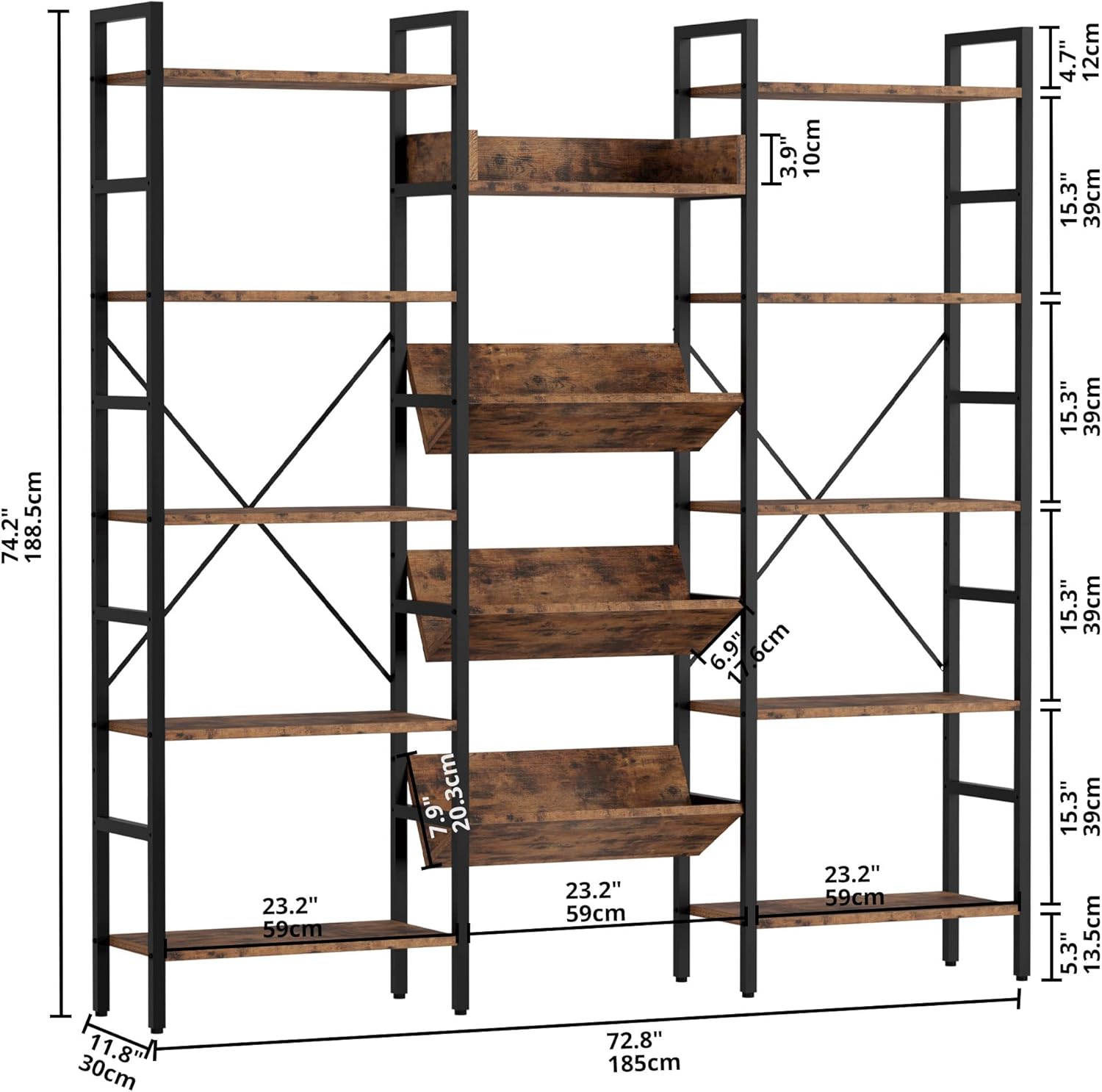 IRONCK Bookshelf, Bookshelves and Bookcases, Triple Wide 5 Tiers Book Shelf with Baffles, Industrial Bookshelf with Metal Frame for Living Room, Home Office