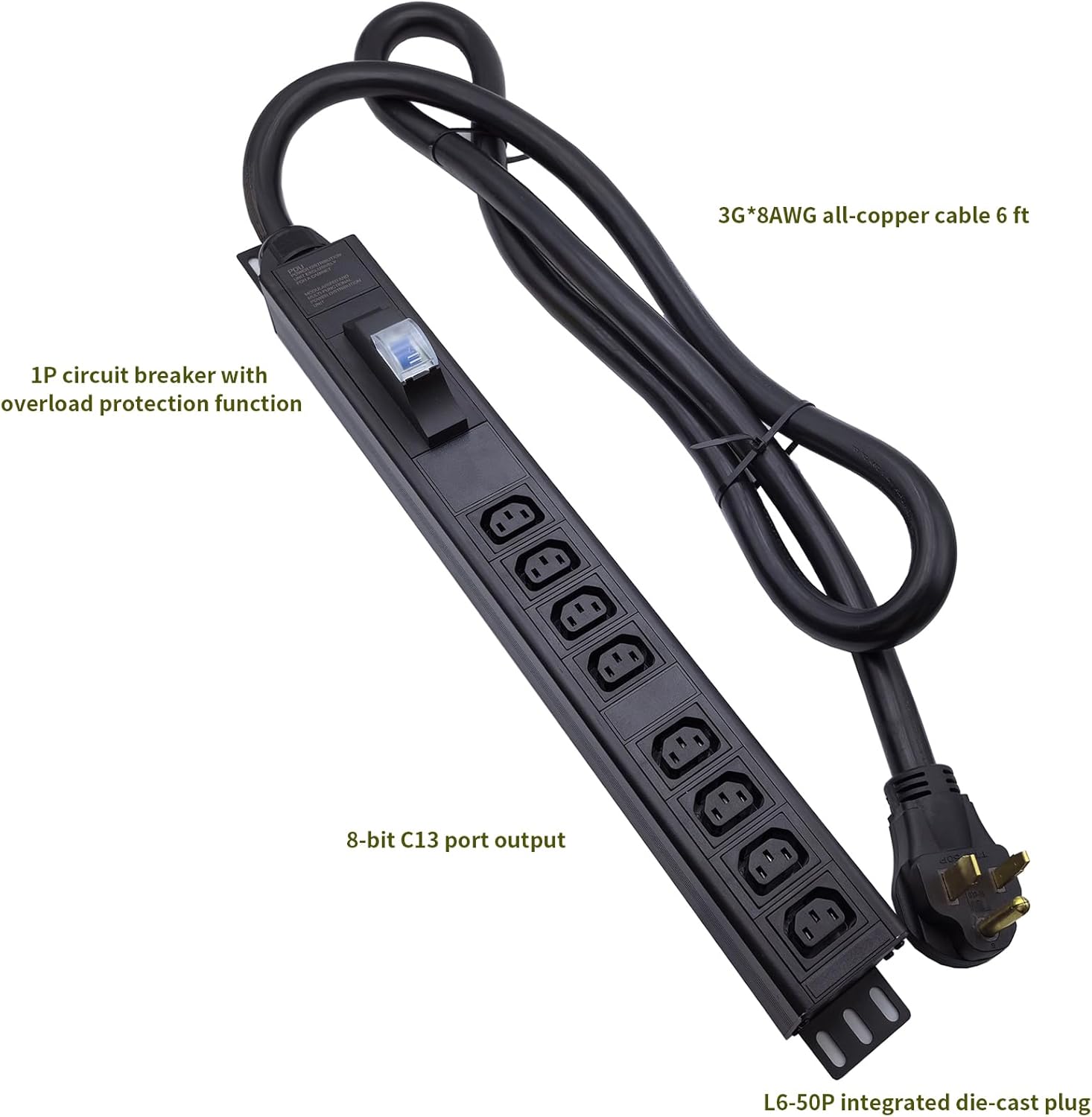 L6-50P 50 Ampere Rack Mounted PDU Power Socket with 8-Position C13 Socket Output Circuit Breaker Protection, Aluminum Alloy Shell 6-Foot 8AWG Cable (C13-08-S)