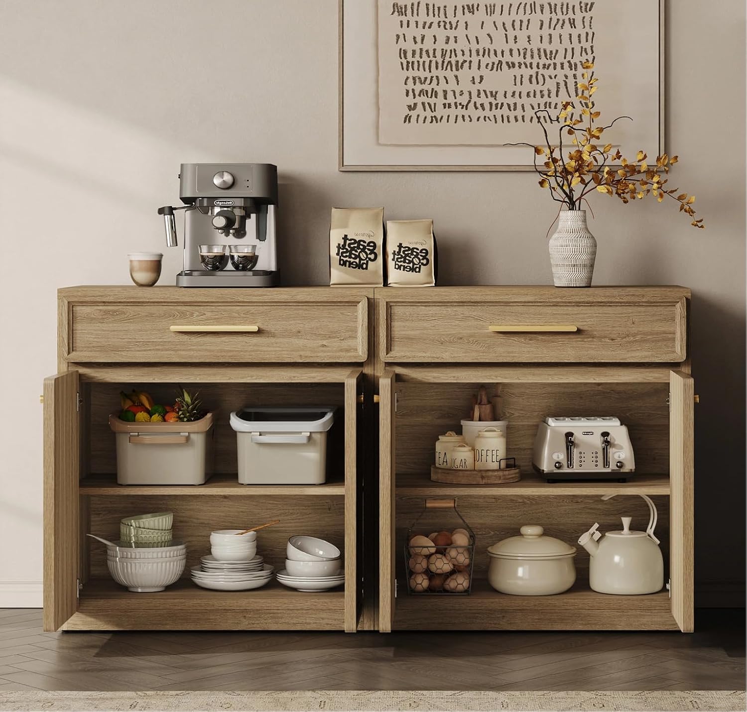 SICOTAS Buffet Cabinet with Storage Tall Modern Accent Storage Cabinet with Doors and Shelves 90 inch Wide Wooden Sideboard Credenza Buffets Console Table Coffee Bar for Kitchen Dining Living Room