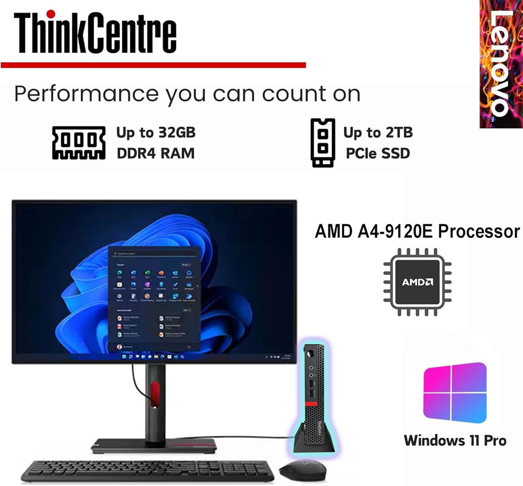 Lenovo Business Mini Desktop PC, AMD Processor, 4GB RAM, 128GB SSD, Dual Display Support, Wi-Fi, Bluetooth, USB & Ethernet Port, Windows 11 Pro, Compact, Quiet, and Space-Saving, w/Keyboard & Mouse