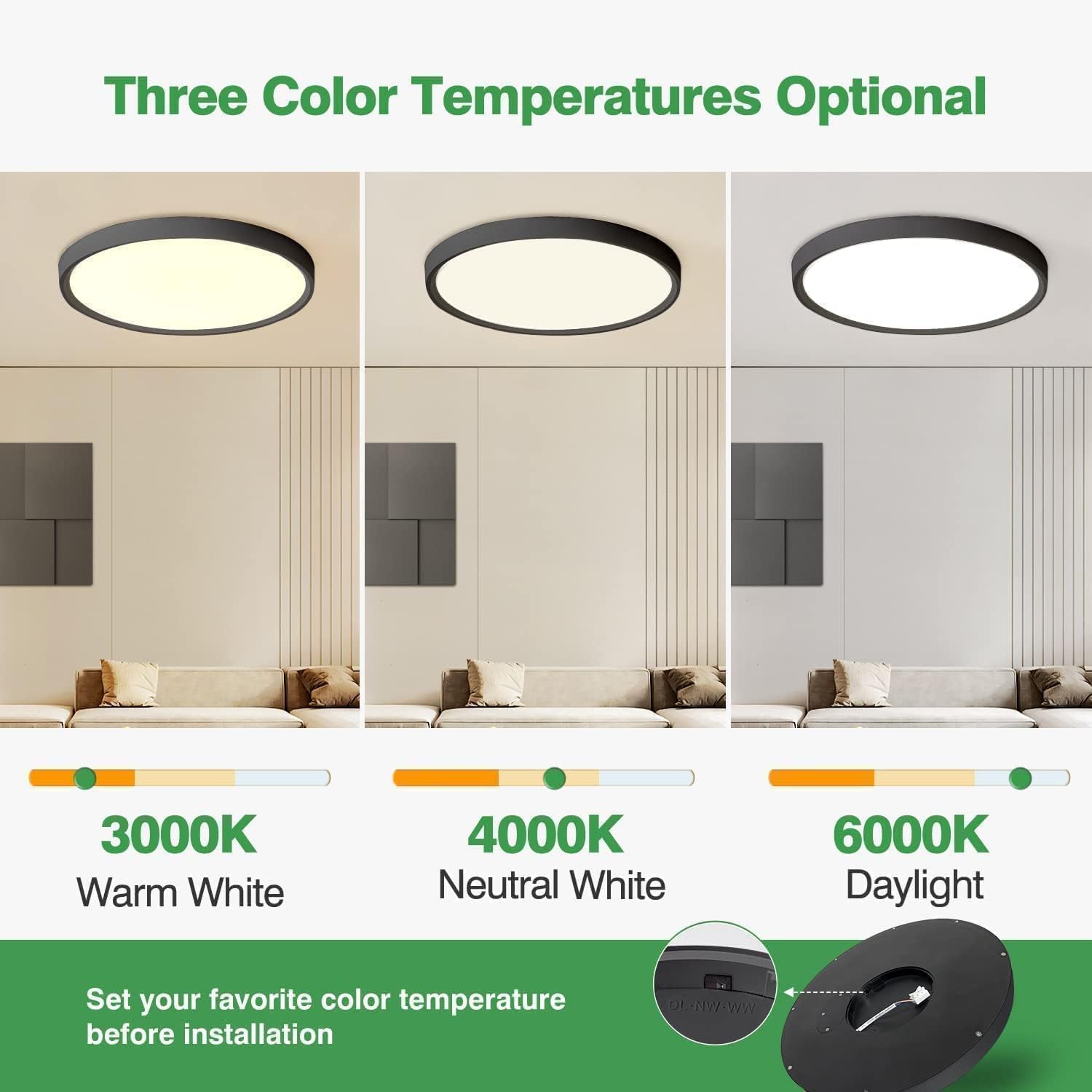 16 Inch LED Flush Mount Ceiling Light White, 32W, 3480LM, 3000K/4000K/6000K CCT Selectable, Round Flat Panel Light Low Profile Ceiling Light Fitures for Hallway, Kitchen, Bedroom, 6PK,Black